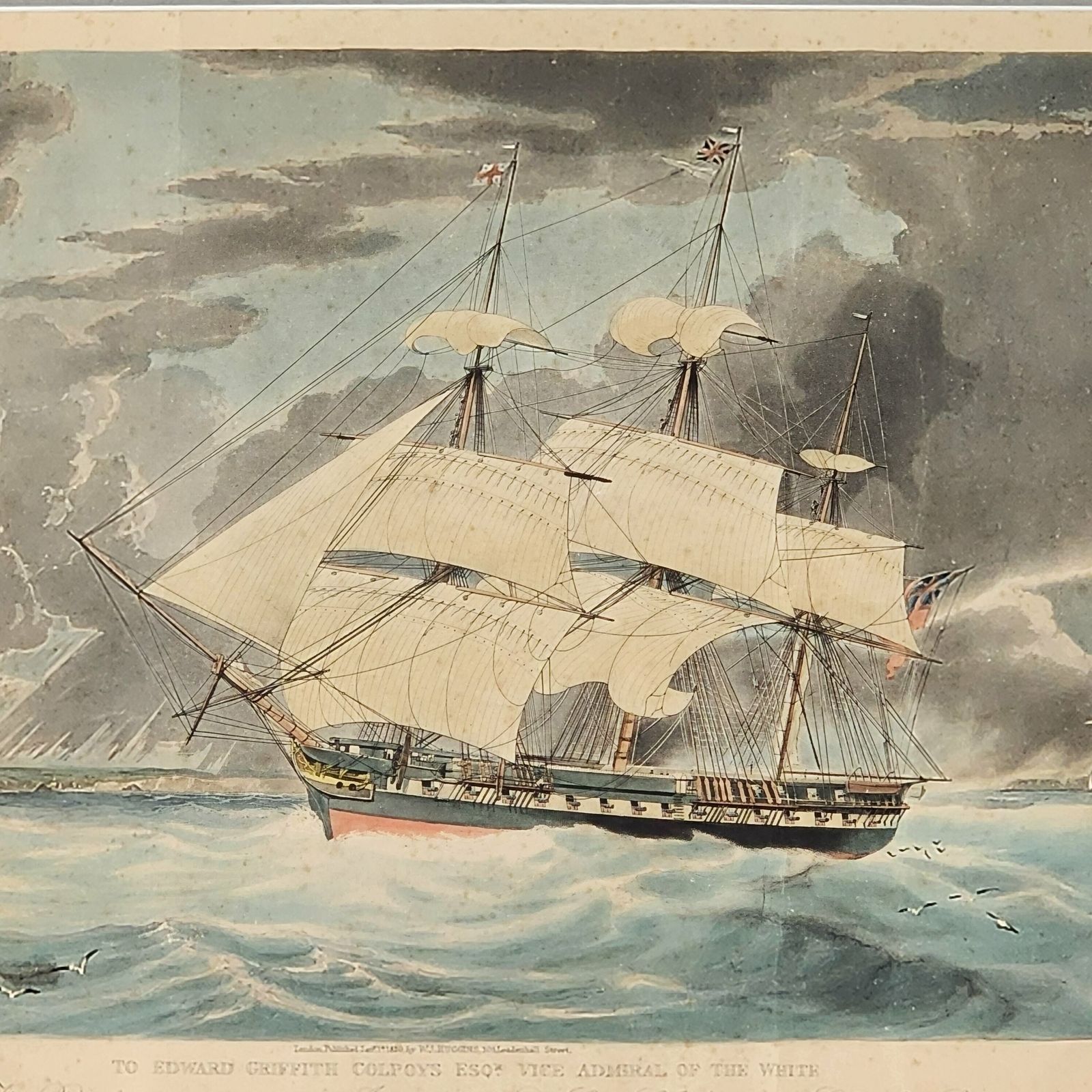 Framed Antique Aquatint Hms Winchester 19th Century After William Huggins photo for sale