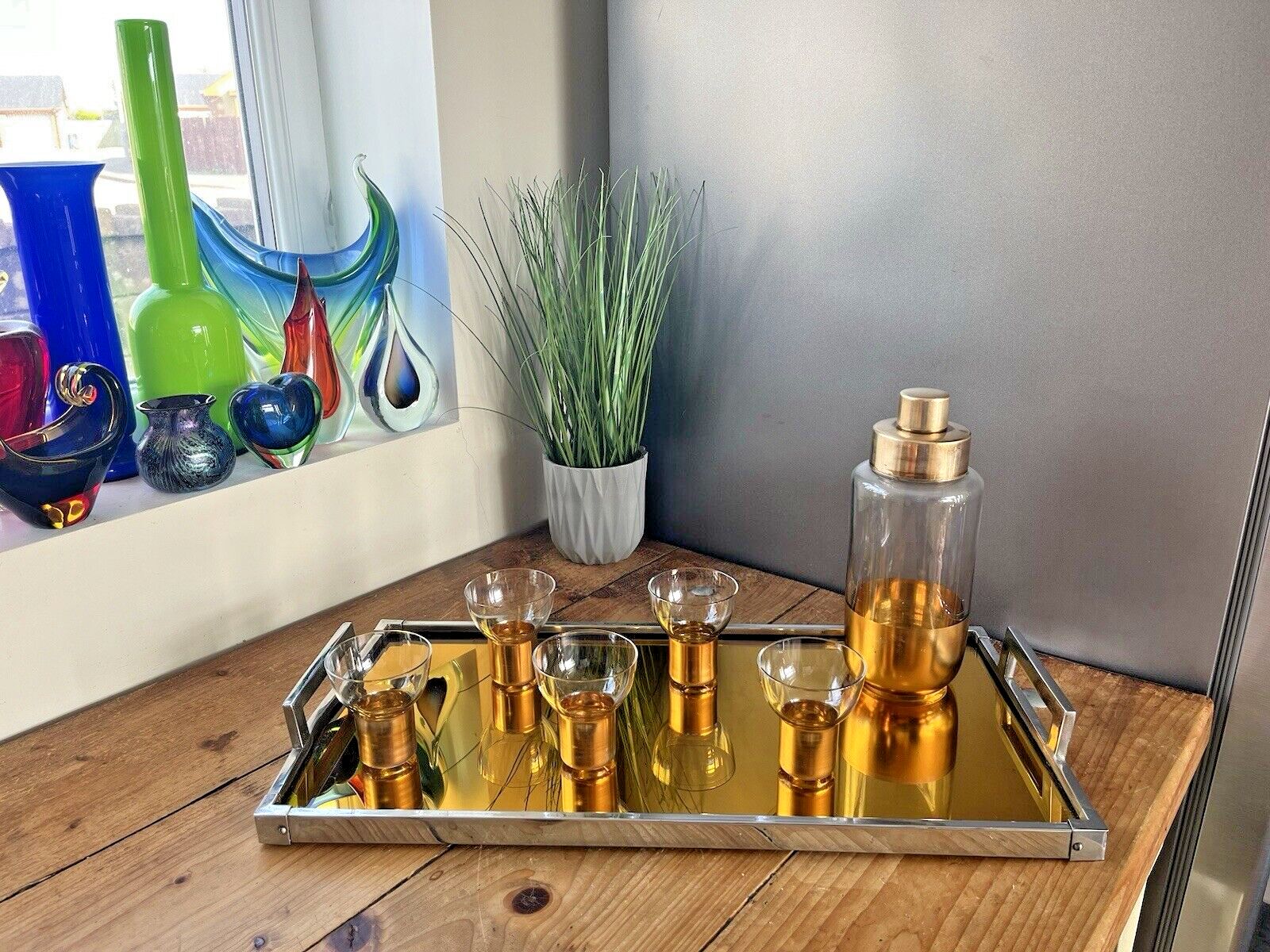 Antique Art Deco Gold Gilt Brass Cocktail Shaker Glasses & Servex Mirrored Tray photo furniture