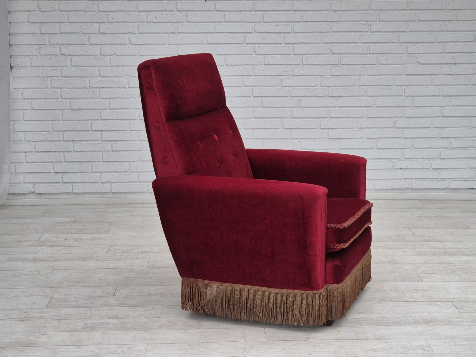 1970s, Danish Highback Armchair, Original Condition, Red Furniture Velour. photo 1190.0