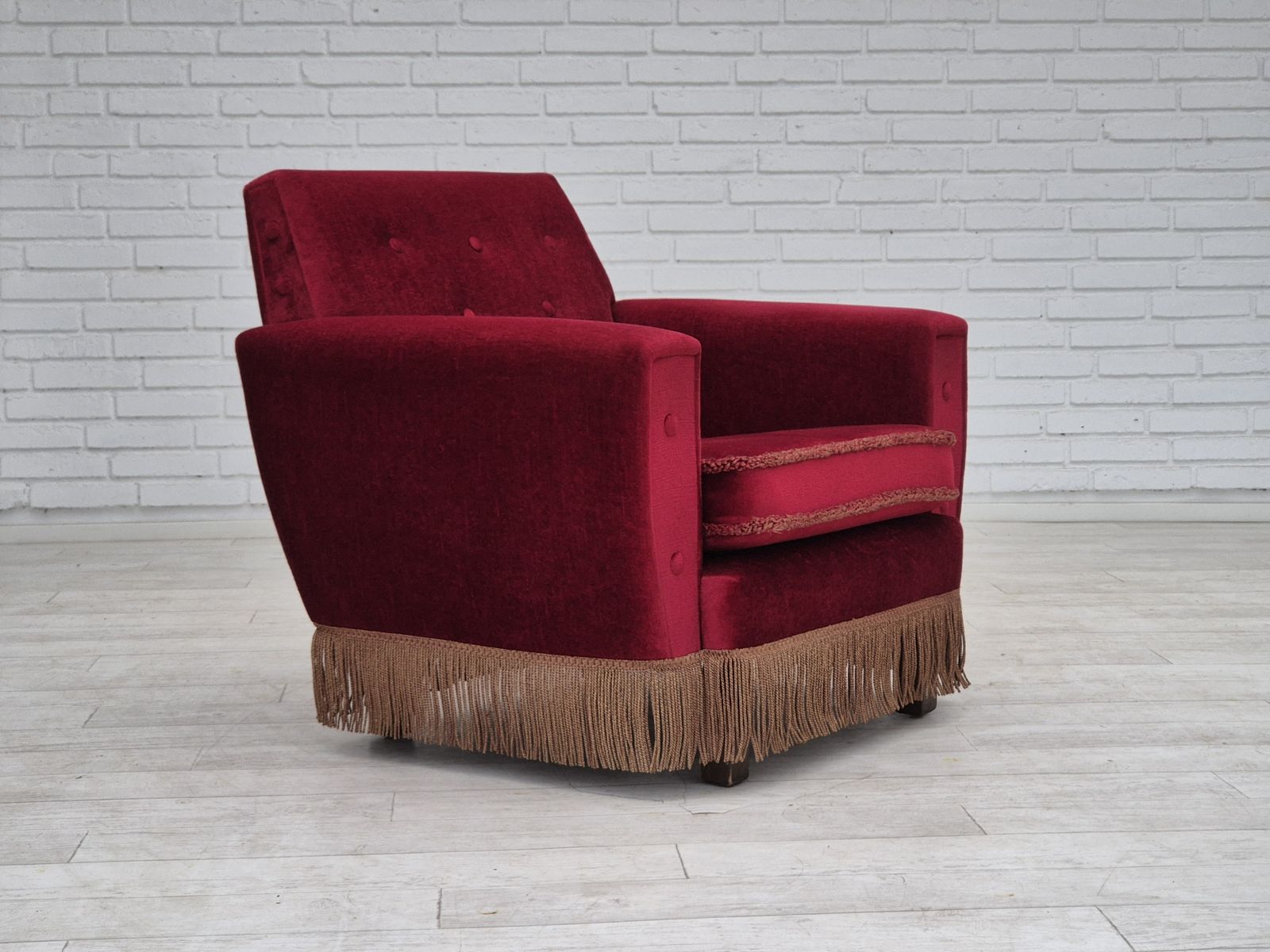 1970s, Danish Lounge Chair, Original Condition, Cherry Red Velour Fabric. photo vinterior