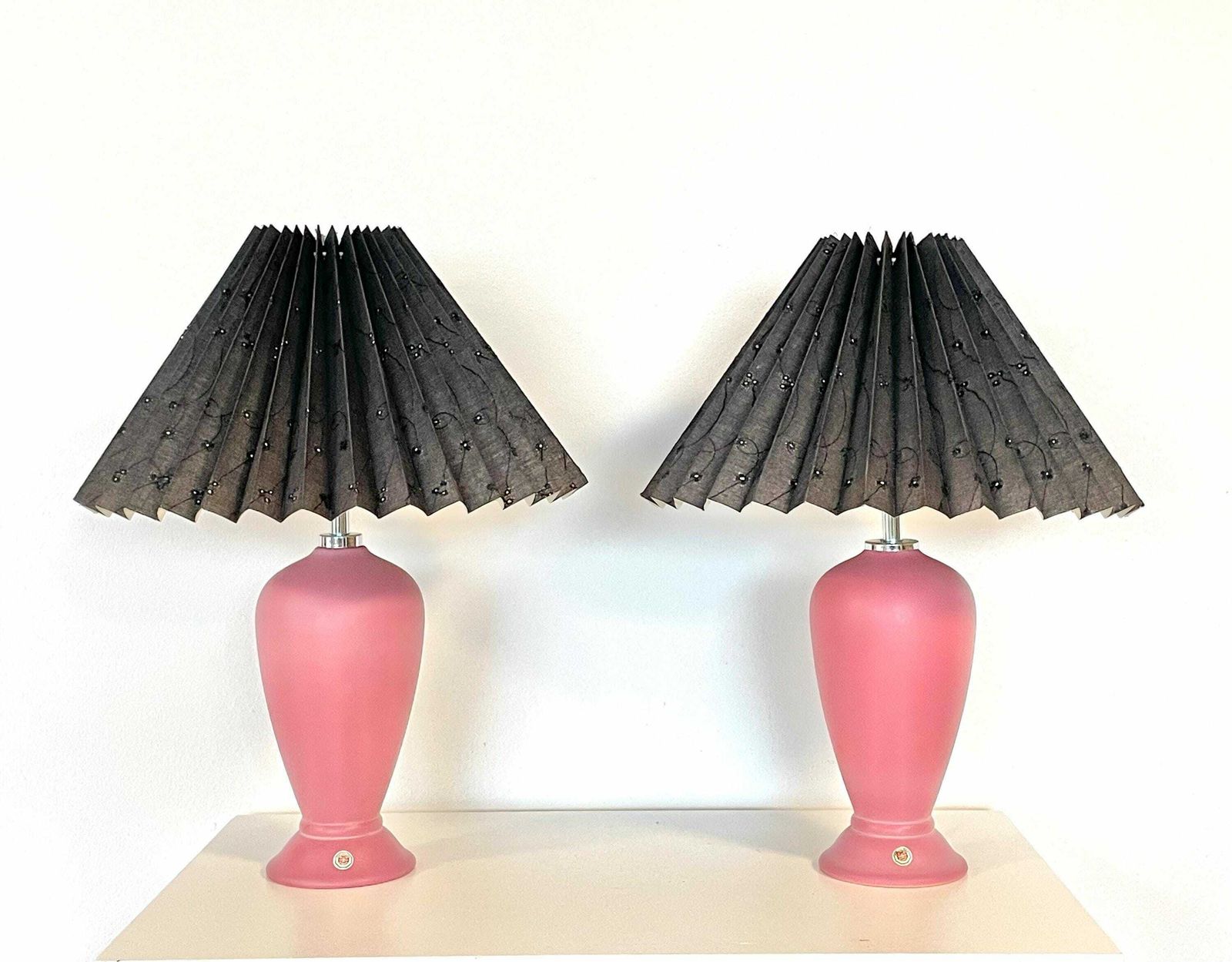 Vintage Pair Of 1980s Danish Ceramic Table Lamps In Rose Pink With Black Flower Patterned Pleated Shades   Design From Odreco photo 398.0