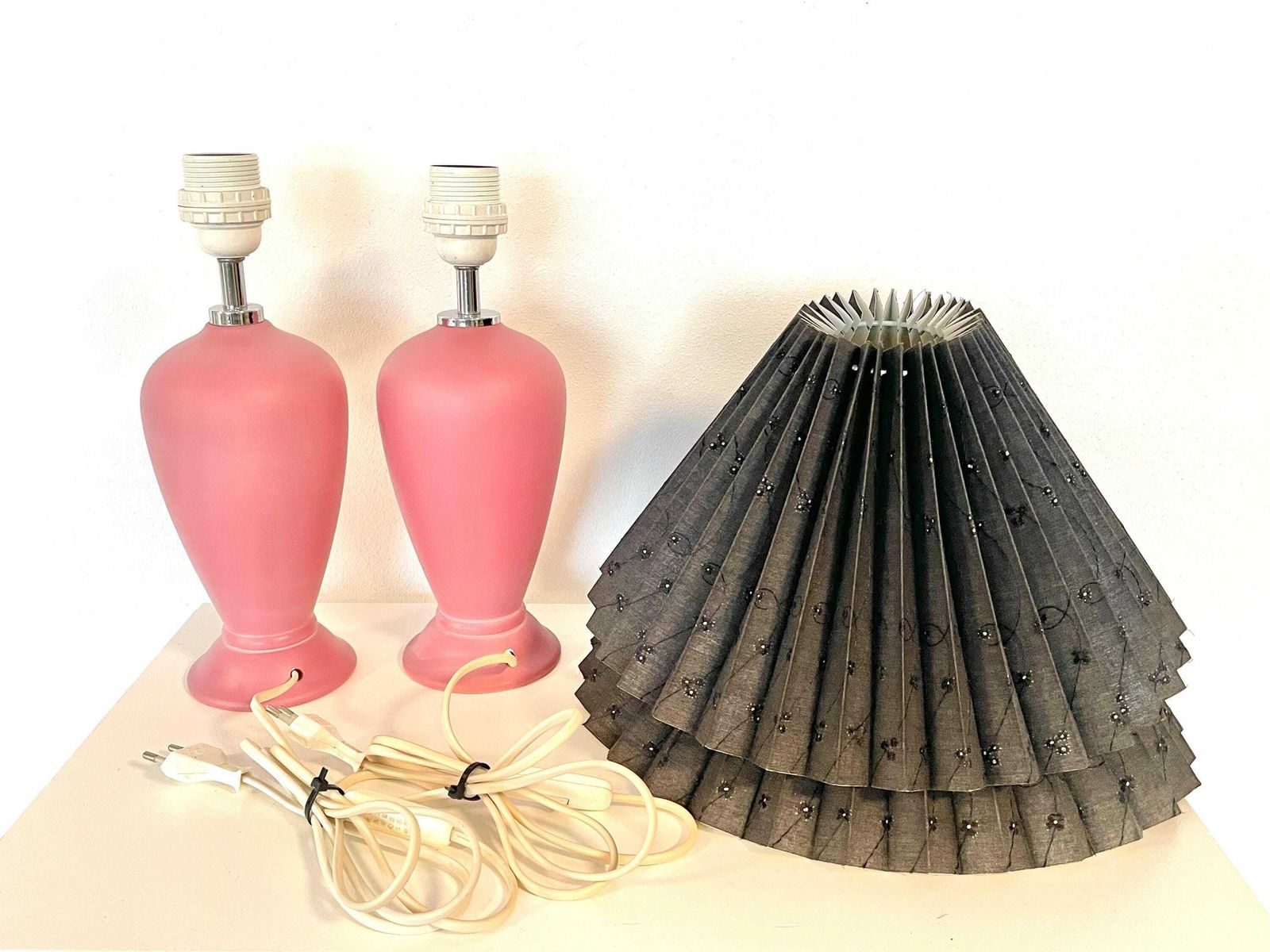 Vintage Pair Of 1980s Danish Ceramic Table Lamps In Rose Pink With Black Flower Patterned Pleated Shades   Design From Odreco photo vintage