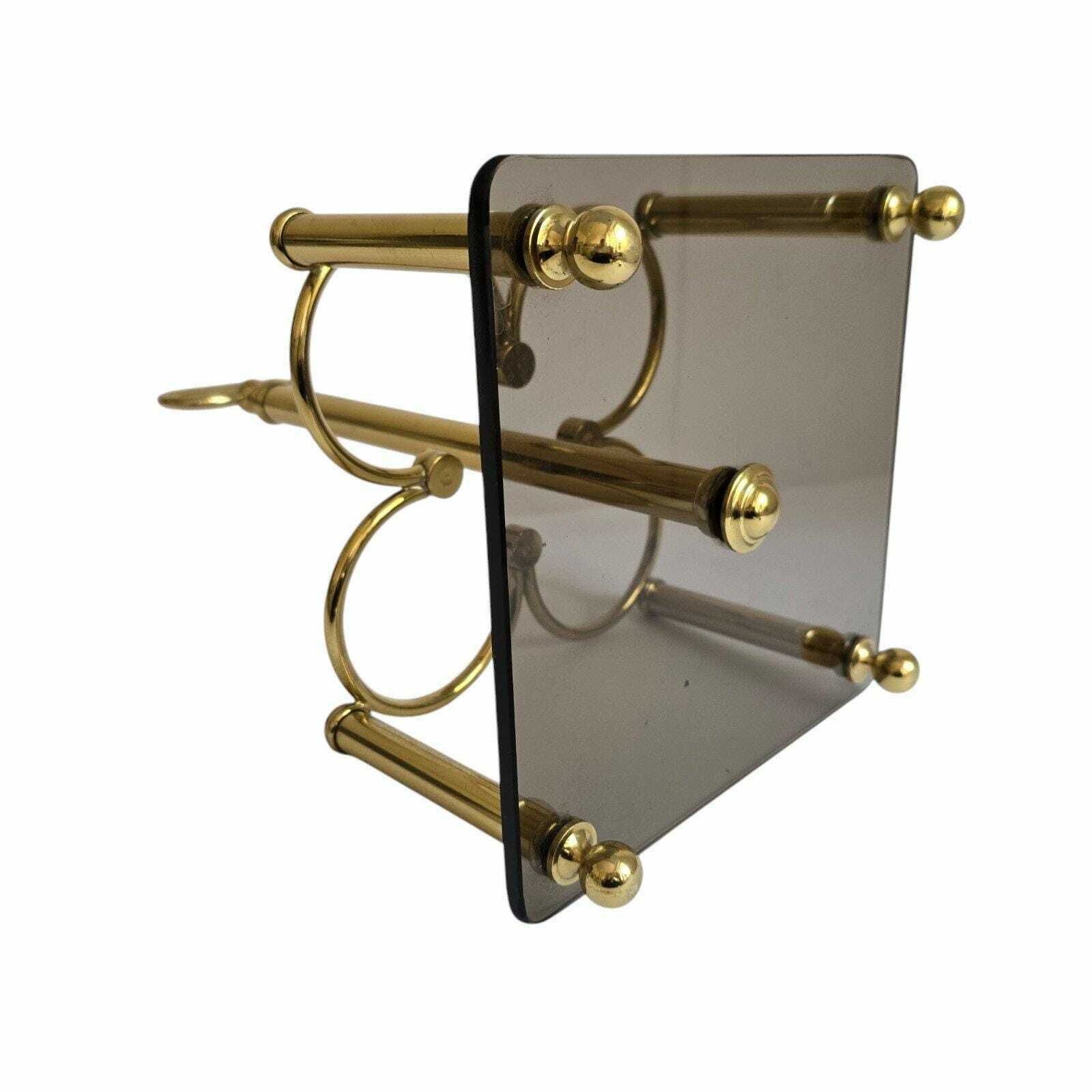 Vintage Hollywood Regency Brass And Smoky Glass 4 Bottles Wine Rack Made In Italy photo vinterior