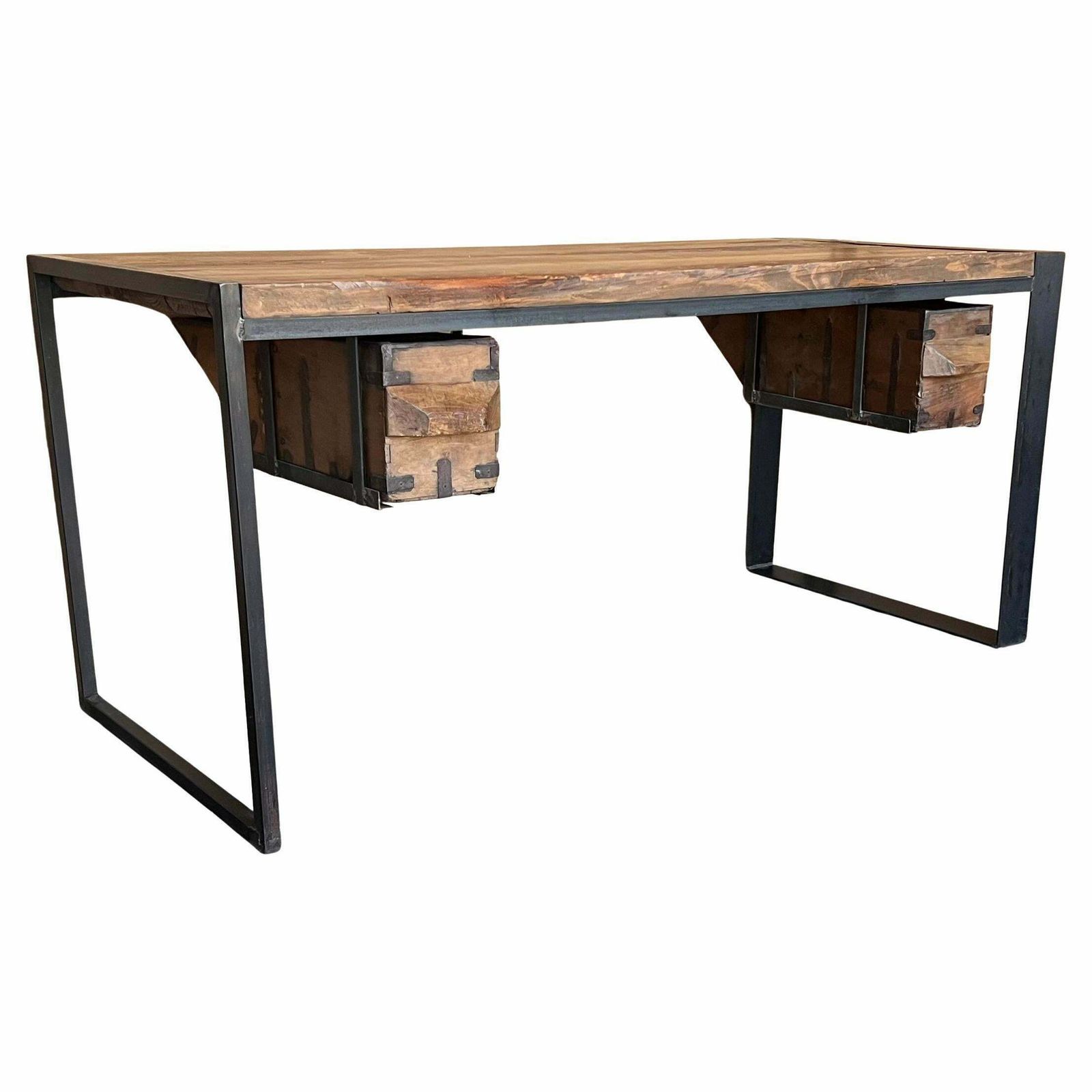 Îlot de cuisine d'époque en chêne, billot de boucher, table de travail industrielle en fonte