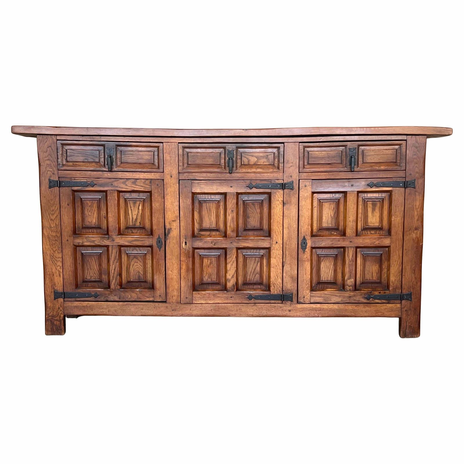 19th Century Large Catalan Spanish Baroque Carved Oak Tuscan Credenza Or Buffet