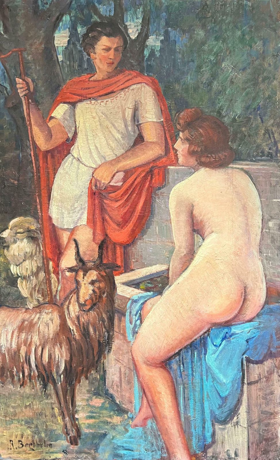 French Schoolhuge Antique French Signed Oil Painting Roman Soldier With Nude Shepherdessearly 20th Century photo furniture