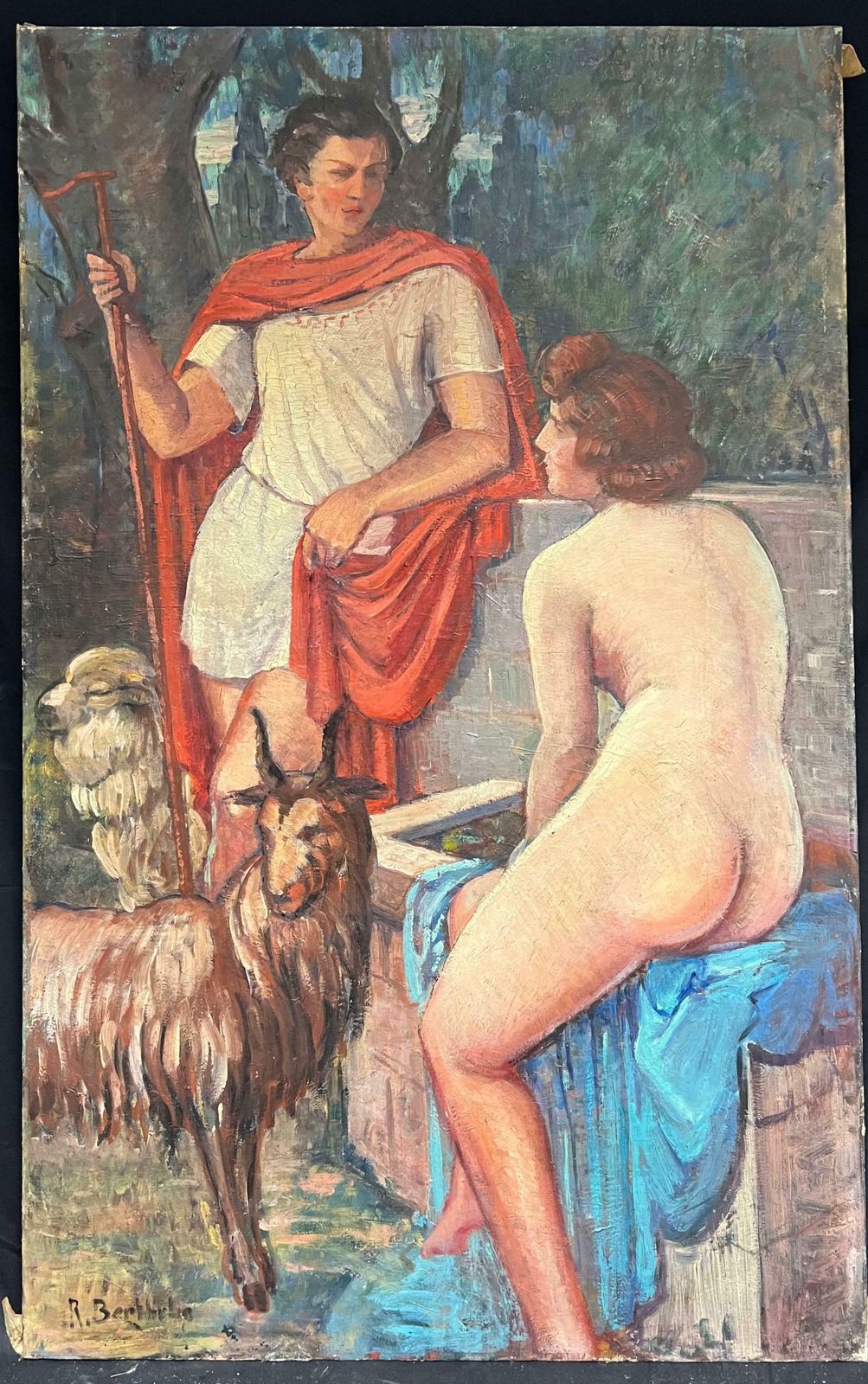 French Schoolhuge Antique French Signed Oil Painting Roman Soldier With Nude Shepherdessearly 20th Century photo for sale