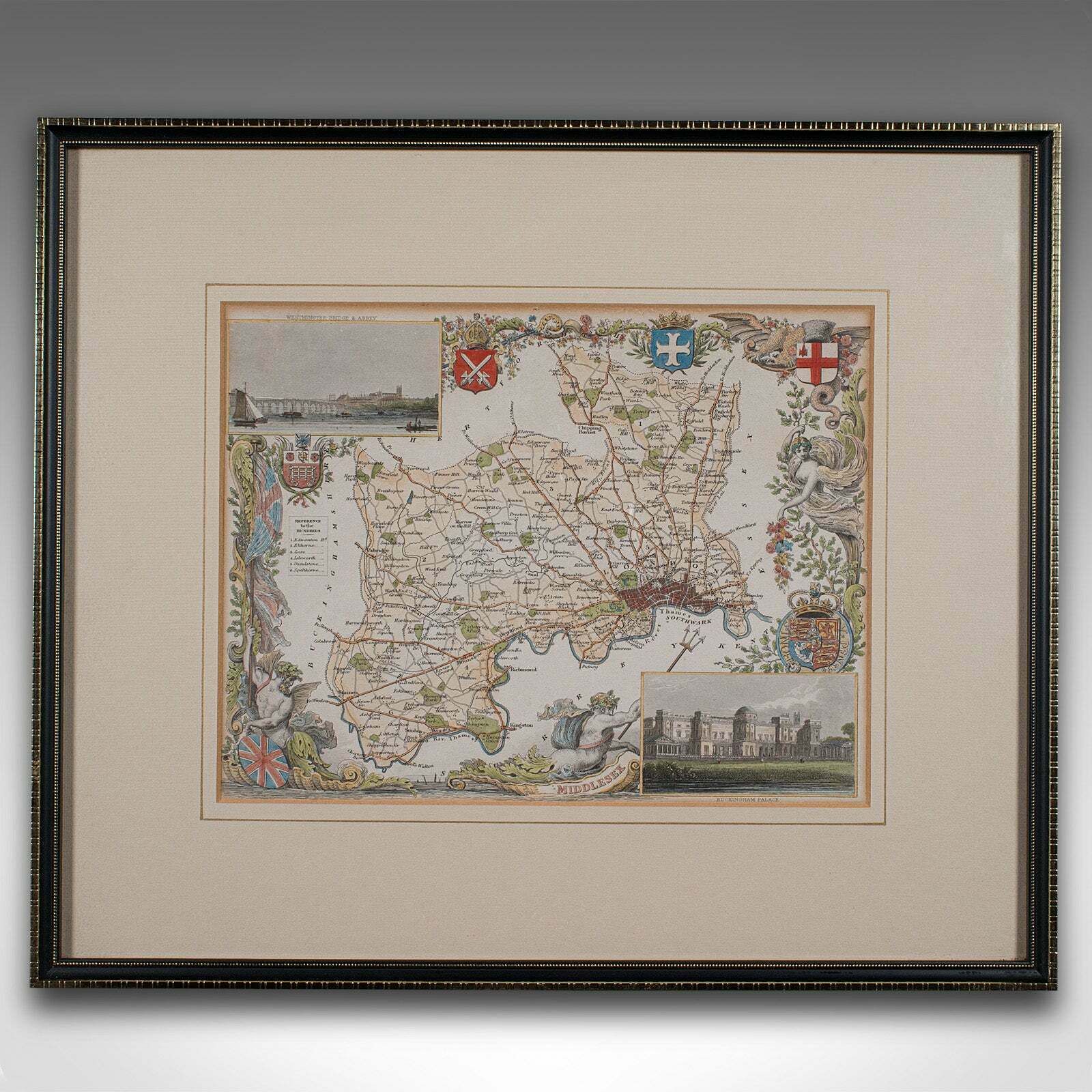 Antique County Map, Middlesex, English, Framed, Litho, Cartography, Victorian photo furniture