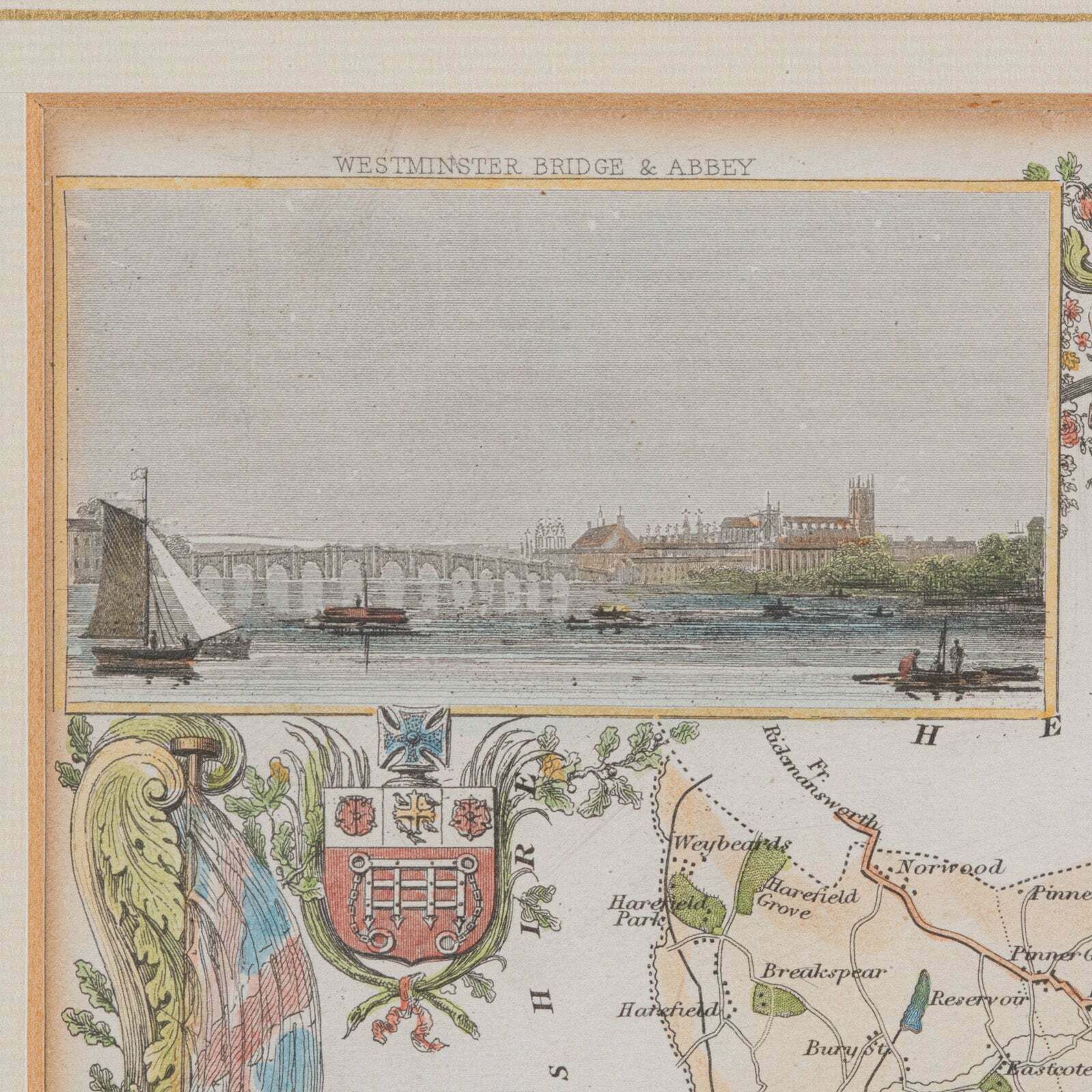 Antique County Map, Middlesex, English, Framed, Litho, Cartography, Victorian photo vinterior