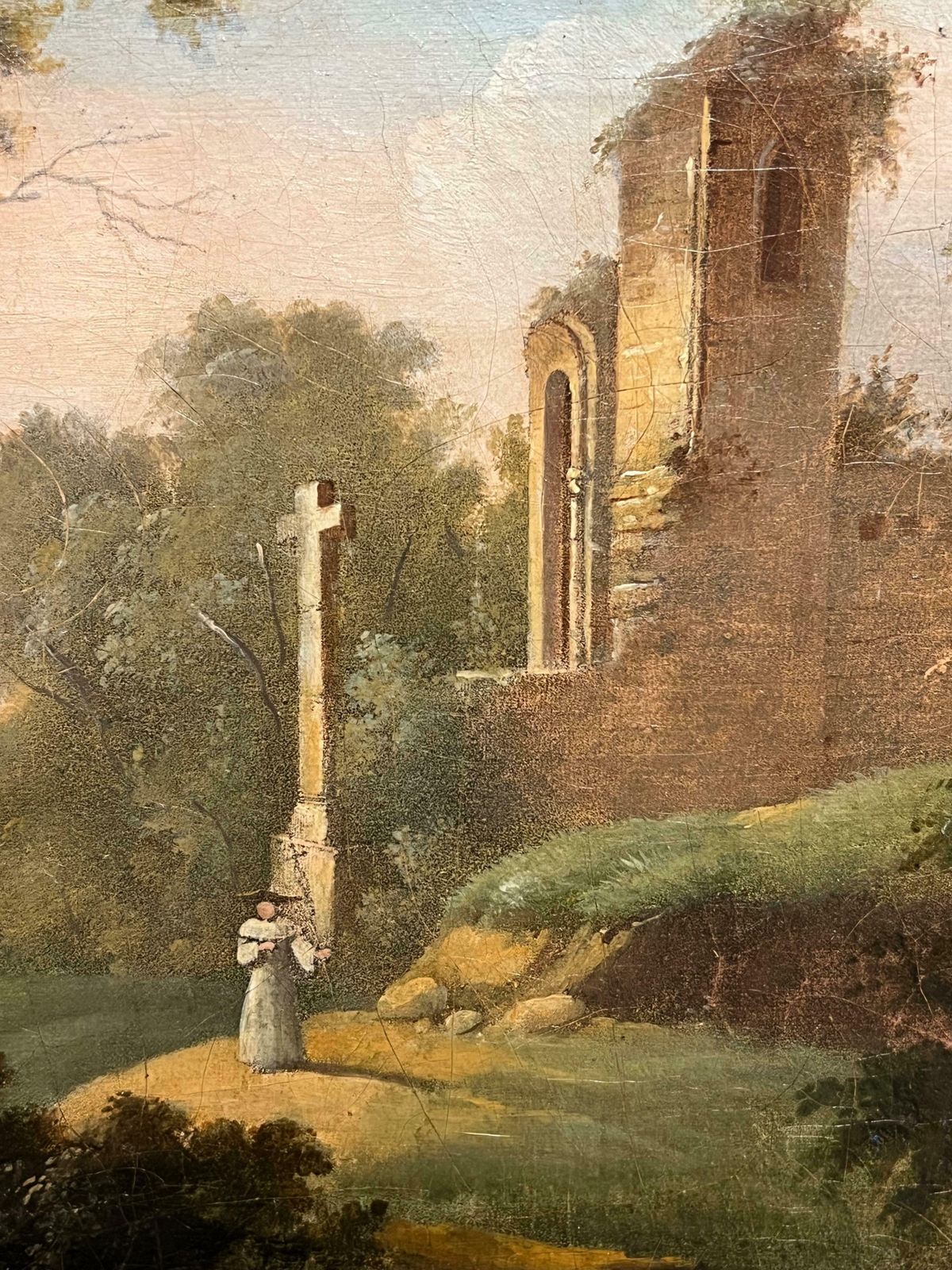 French Schoolfine 1800's French Oil  Figures By Monastic Ruins Stream Bucolic Landscape1800's photo 1495.0