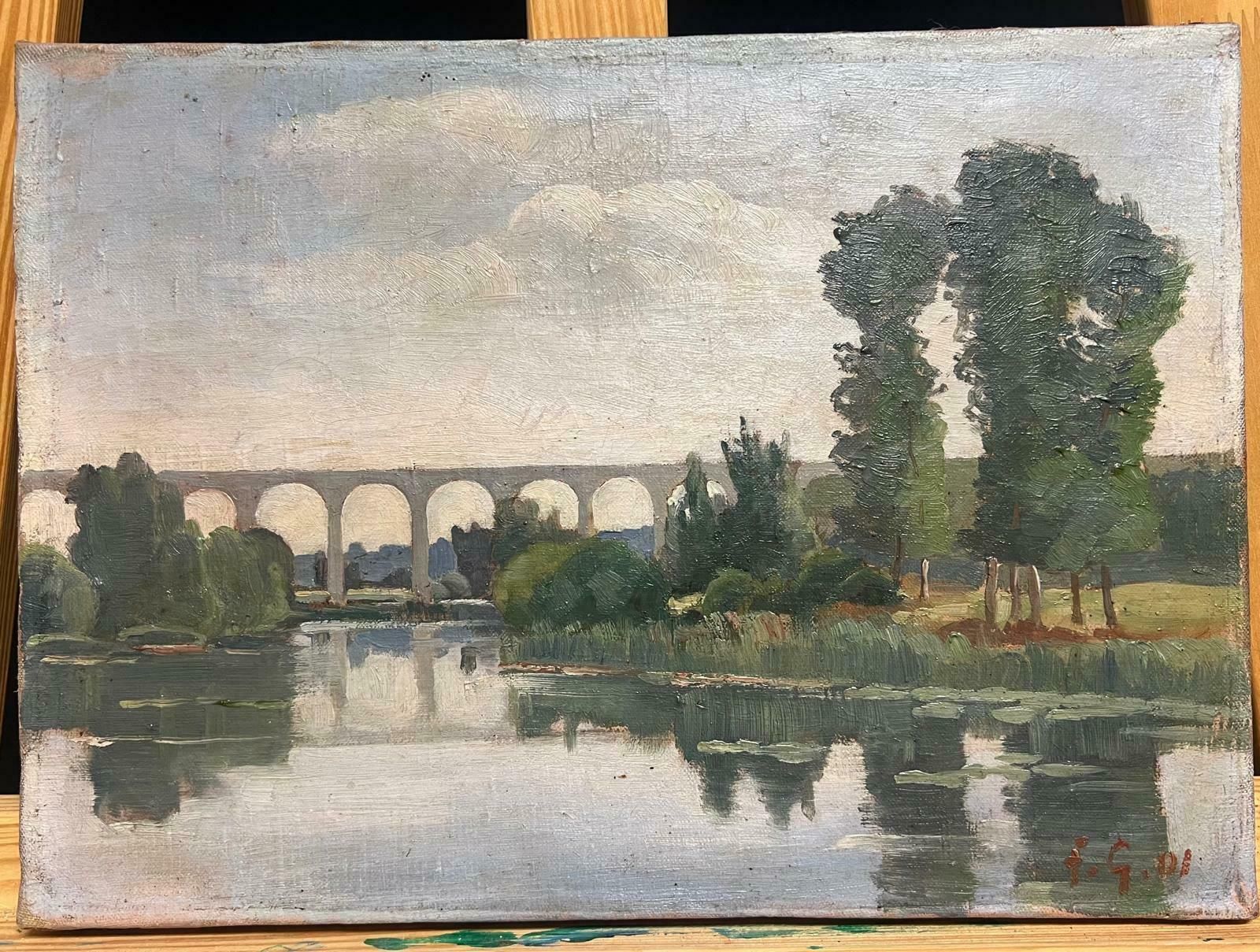 French Schoolantique French Impressionist 1901 Oil Moody River Reflections & Arched Bridge1901 photo furniture