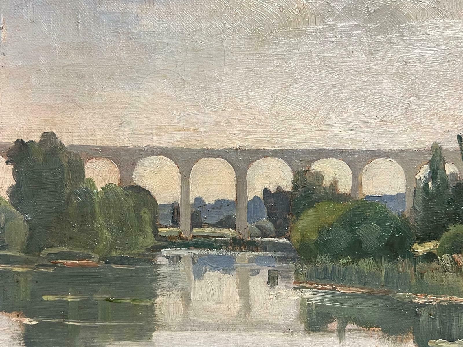 French Schoolantique French Impressionist 1901 Oil Moody River Reflections & Arched Bridge1901 photo Art