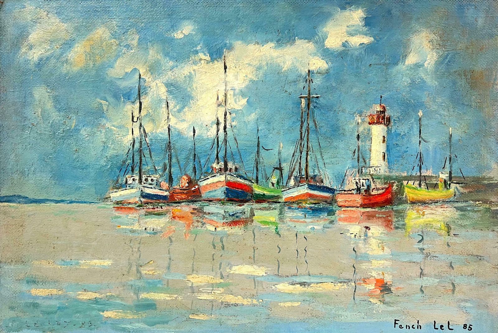 Fanch Lelcolorful Fishing Boats And Lighthouse Landscape Reflections On Calm Waters 20th Century