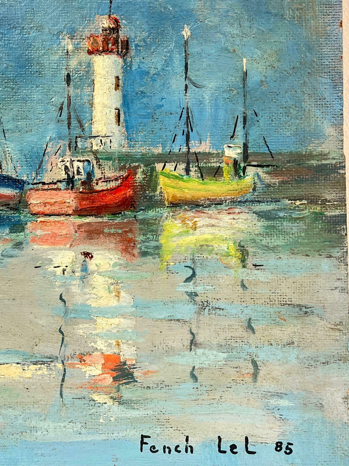 Fanch Lelcolorful Fishing Boats And Lighthouse Landscape Reflections On Calm Waters 20th Century photo buy