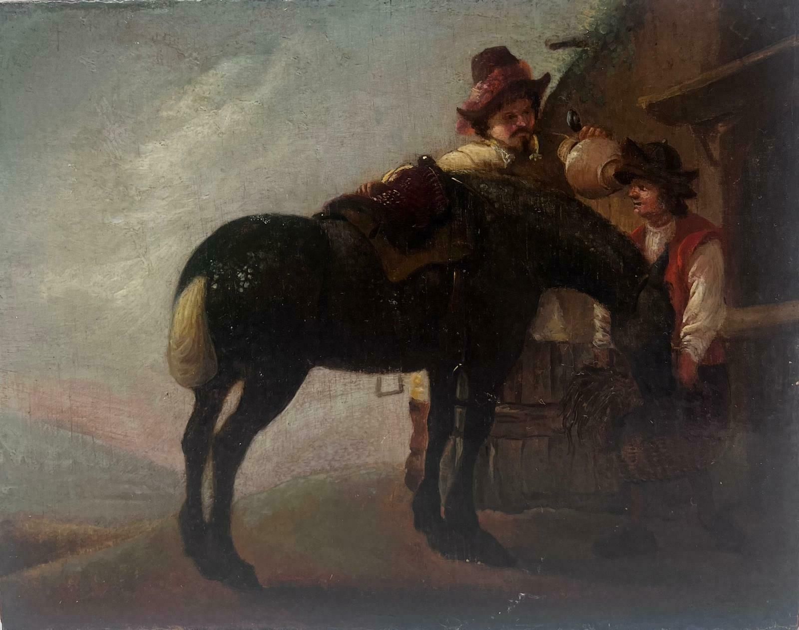 Dutch 17th Centuryfine 17th Century Dutch Oil Painting On Wood Panel Horse & Figures Resting photo Art