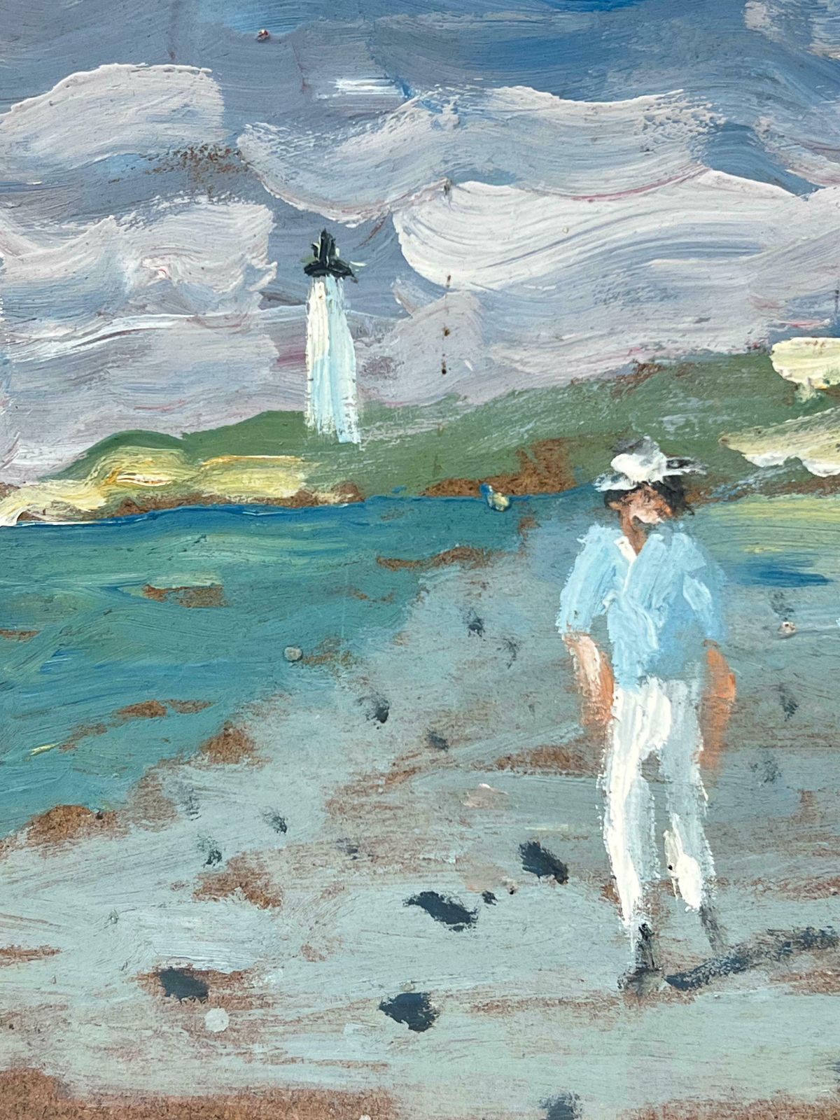 Fanch Lelfigures Strolling On A Breezy Shoreline With A Lighthouse In The Distance Oil20th Century photo Art