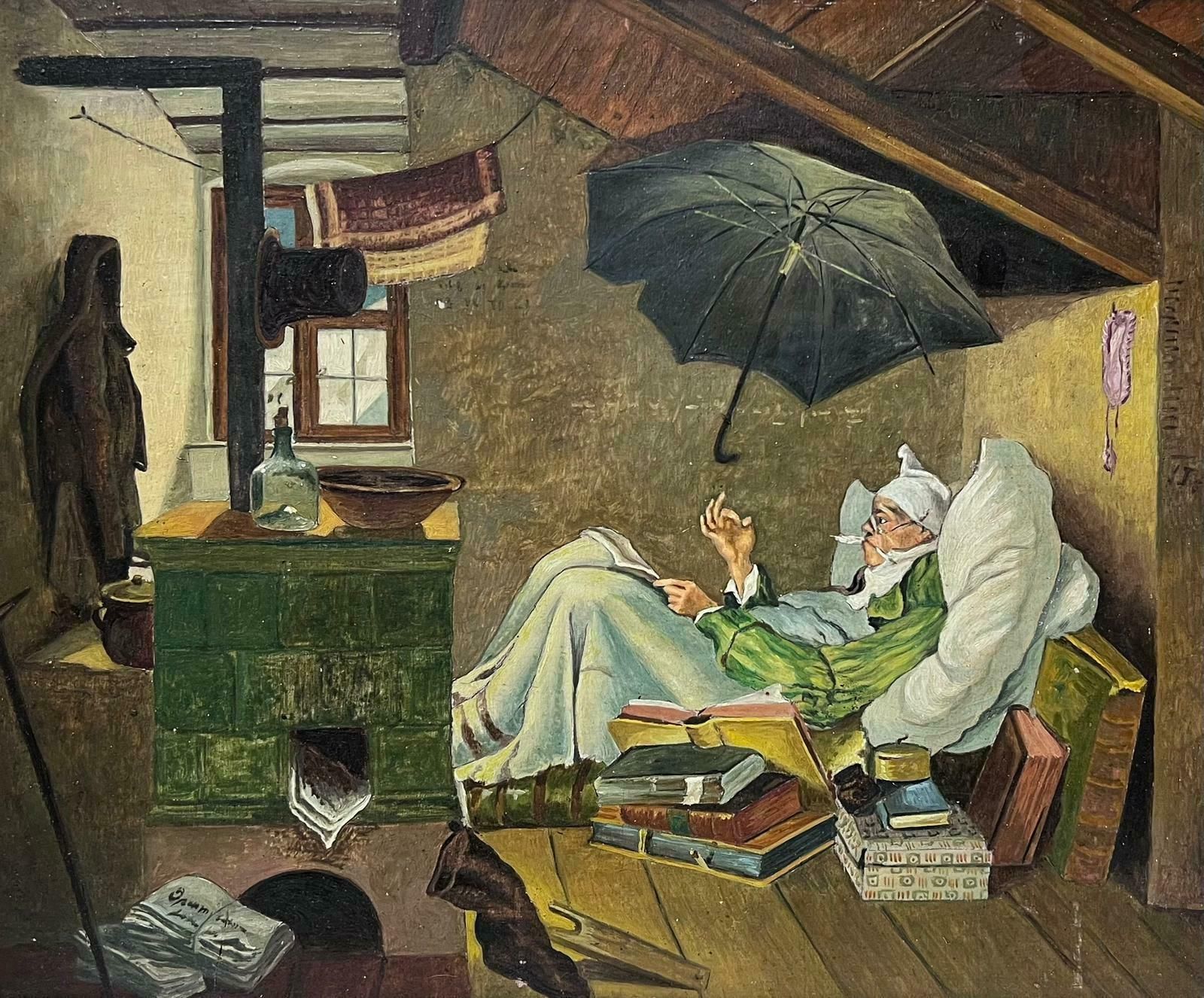 German Schoolthe Poor Poet Antique German Oil Painting After The Famous Carl Spitzweg Work