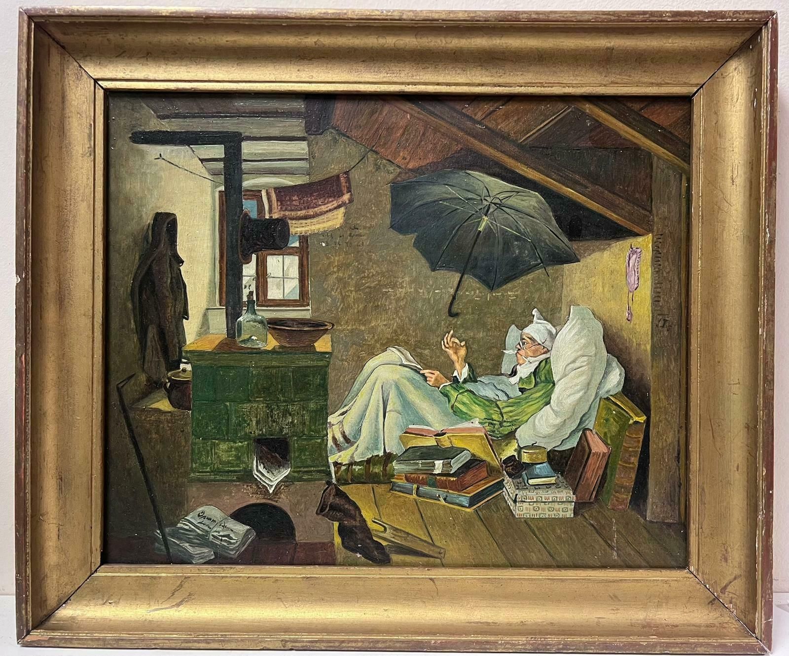 German Schoolthe Poor Poet Antique German Oil Painting After The Famous Carl Spitzweg Work photo furniture
