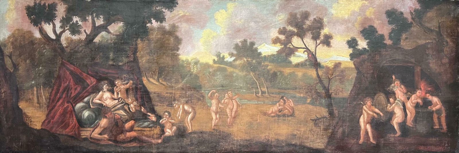 Northern European 17th Centuryhuge Old Master Oil Painting 17th Century Diana & Cupids In Panoramic Landscape