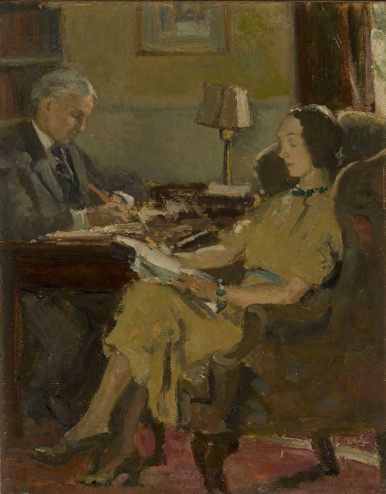 Berthe Noufflardfine French 1930's Signed Oil, Interior Scene Elegant Figures Reading In Studyc. 1930's photo furniture