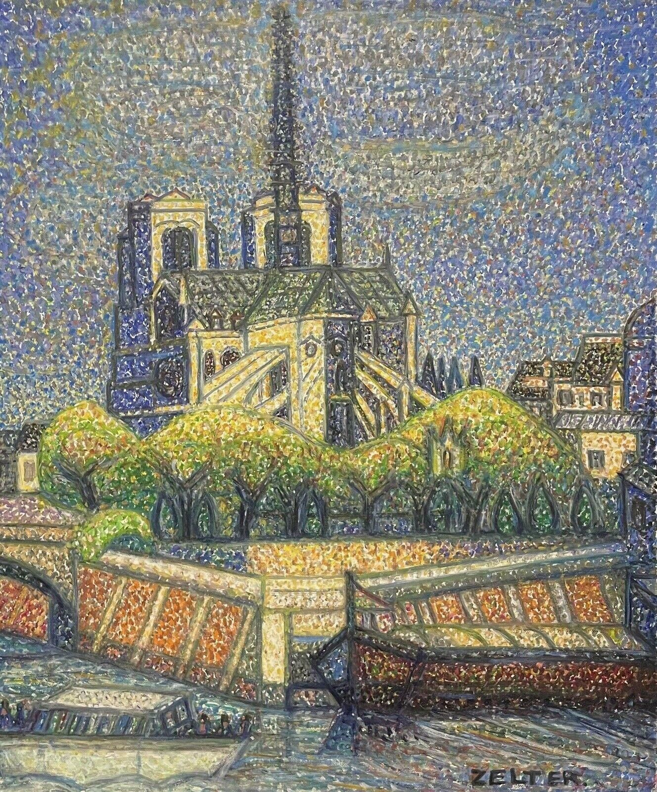 French Schoolpointillist School Oil Painting   Notre Dame River Seine Paris, Signed Original
