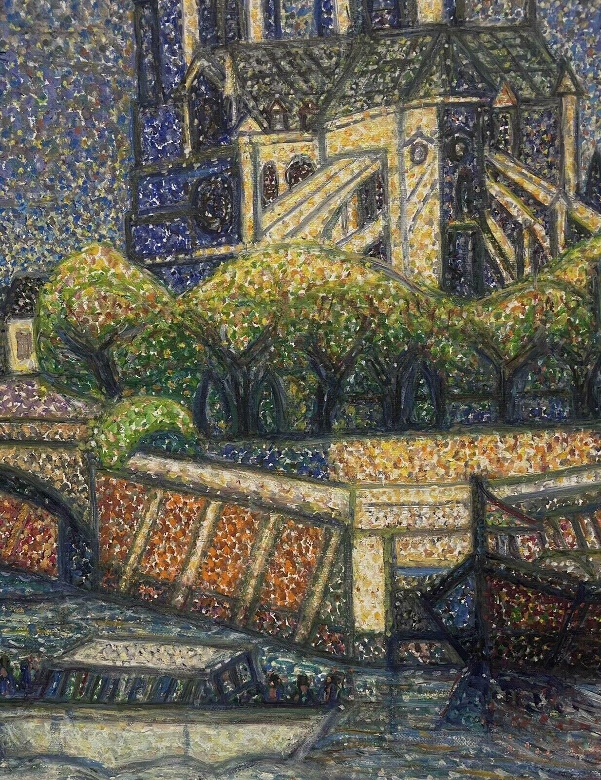 French Schoolpointillist School Oil Painting   Notre Dame River Seine Paris, Signed Original photo for sale