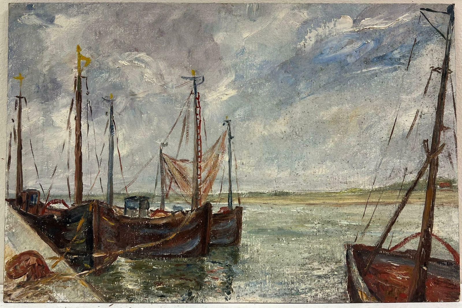 Simone Forge1950's French Impressionist Oil Fishing Boats In Windswept Harbor Scene19550's photo furniture