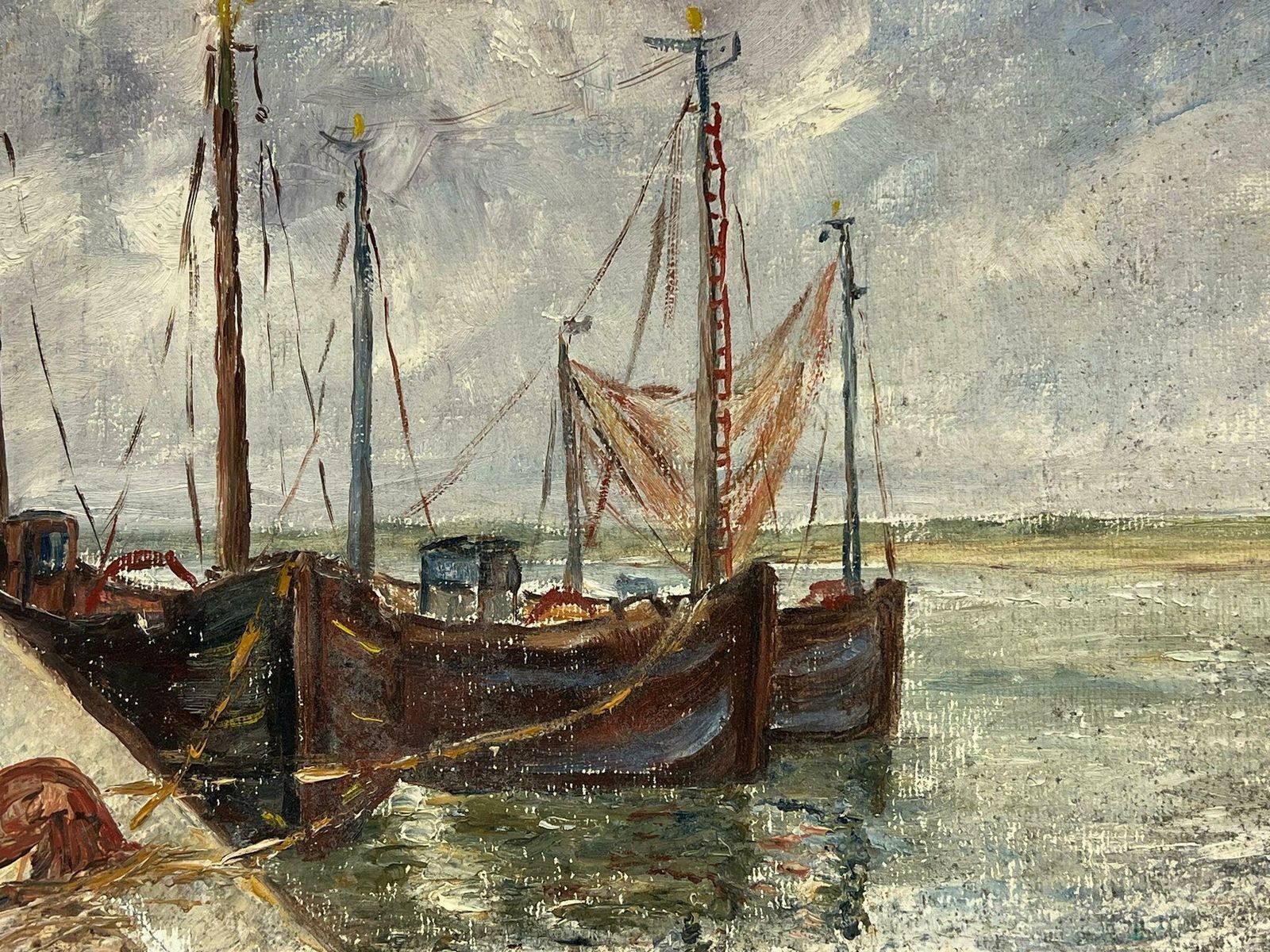 Simone Forge1950's French Impressionist Oil Fishing Boats In Windswept Harbor Scene19550's photo 775.0