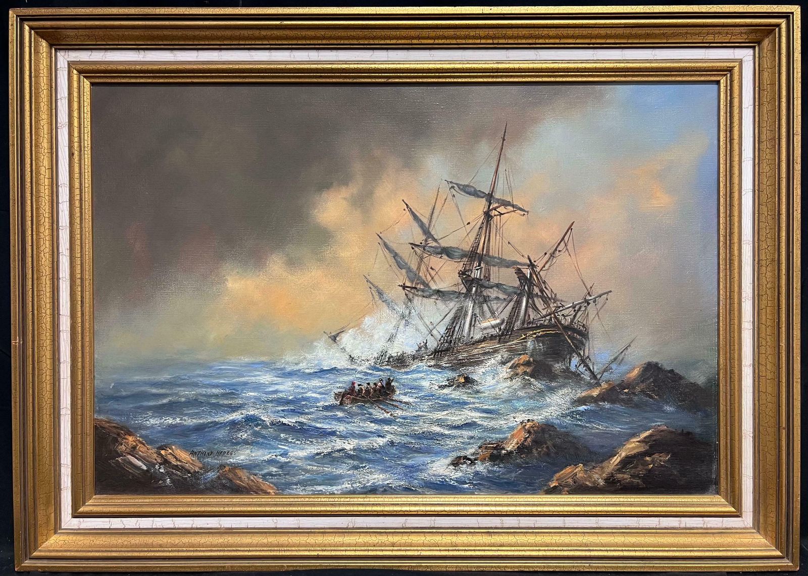 Anthony Hedgeslarge British Marine Oil Painting Classic Tall Sailing Shipwreck On Rocks At Sea20th Century