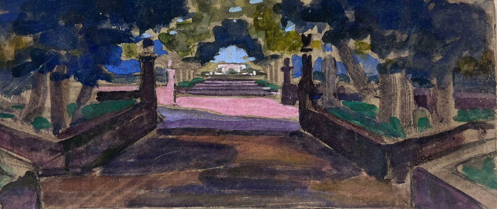Louise Alixfrench Impressionist Gouache Wide Pink Churchyard Path Landscape1940's