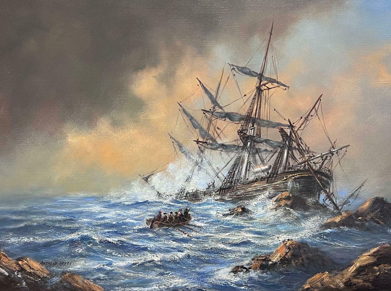 Anthony Hedgeslarge British Marine Oil Painting Classic Tall Sailing Shipwreck On Rocks At Sea20th Century photo for sale