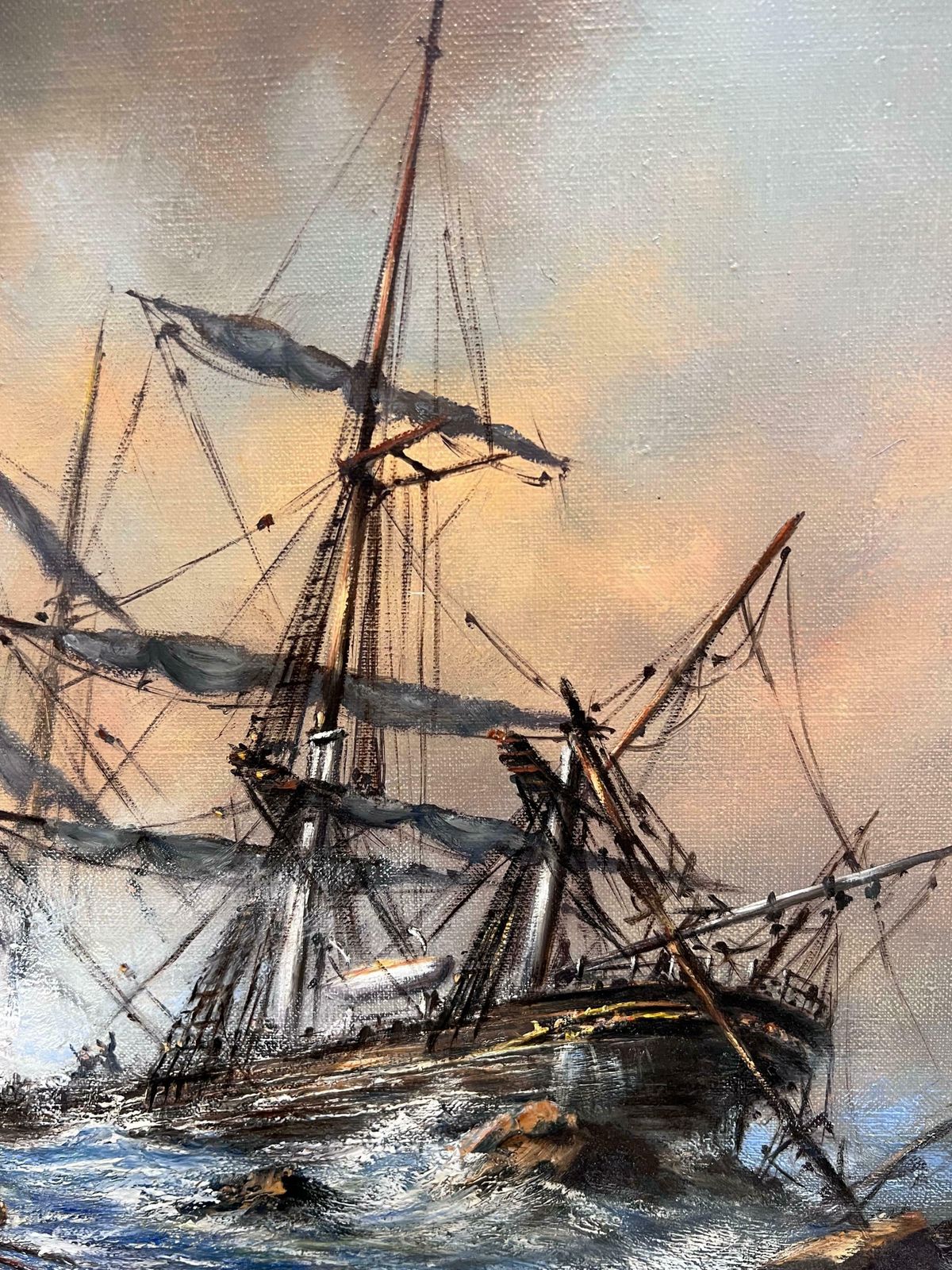 Anthony Hedgeslarge British Marine Oil Painting Classic Tall Sailing Shipwreck On Rocks At Sea20th Century photo Art