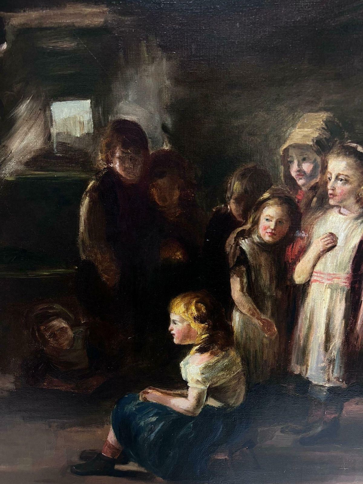 Victorian Englishlarge Victorian English Oil Painting Cottage Interior With Many Children photo Art