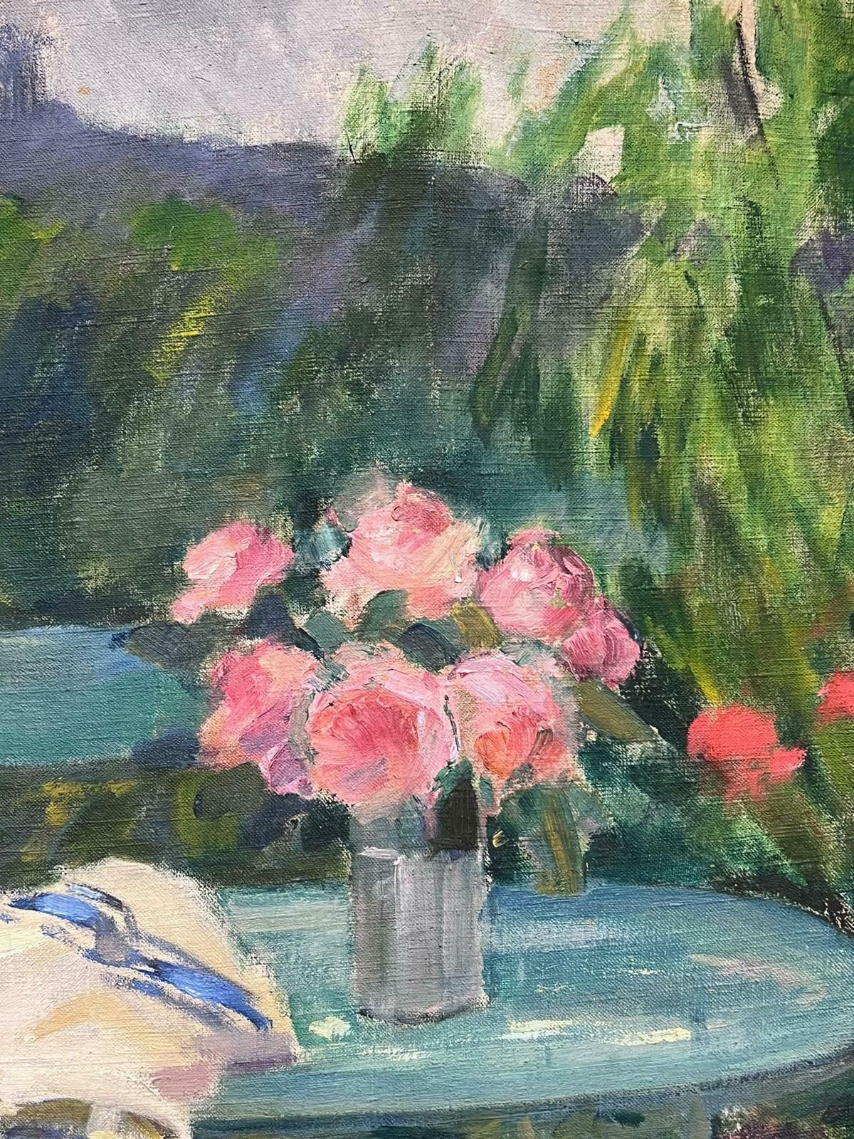 Louise Alixmid 20th Century French Impressionist Oil Lady In Pretty Flower Garden On Bench1940's photo for sale
