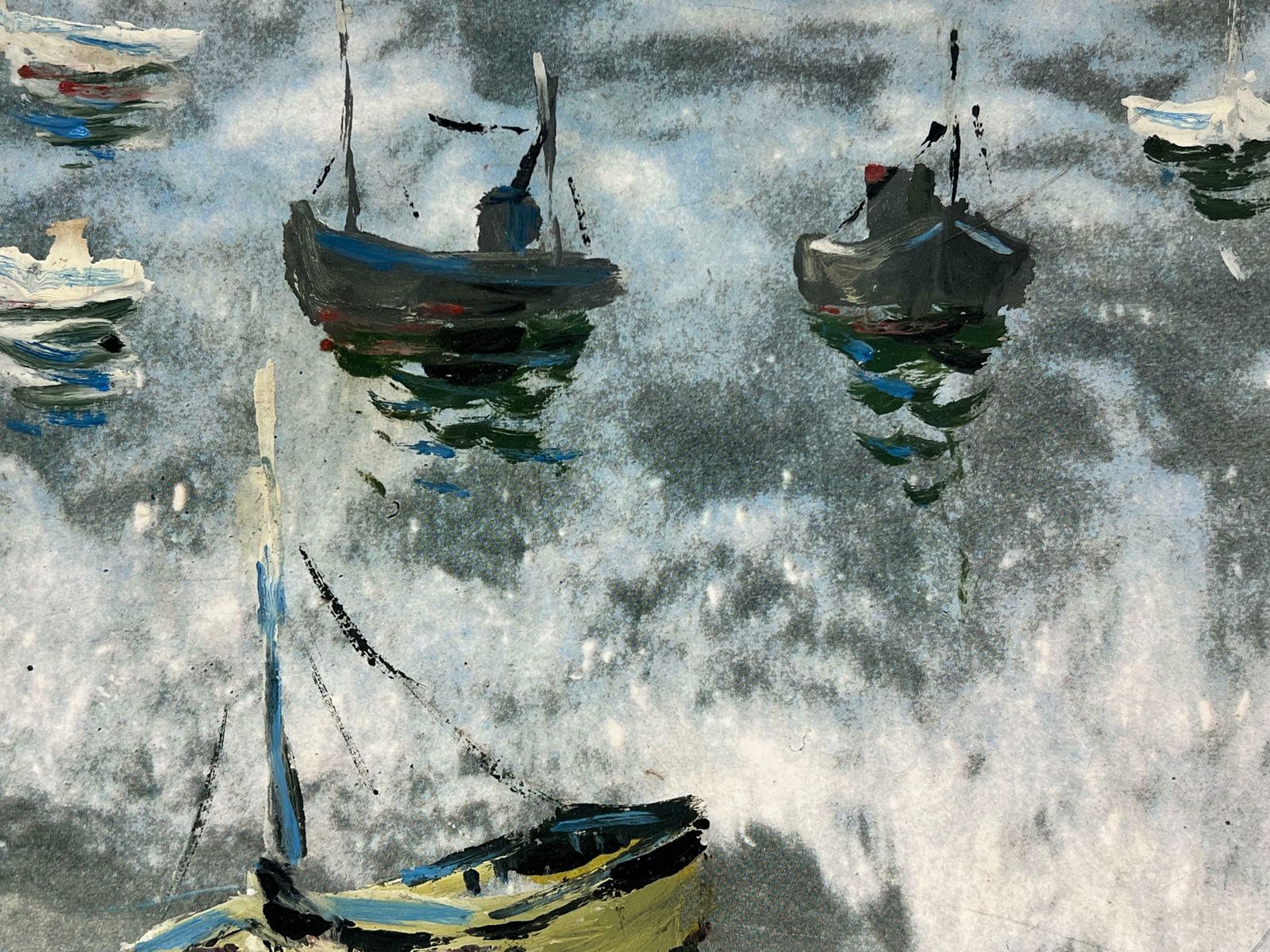 Fanch Lelboats Anchored In The Early Morning Mist On A Choppy Grey Sea French Painting20th Century photo for sale
