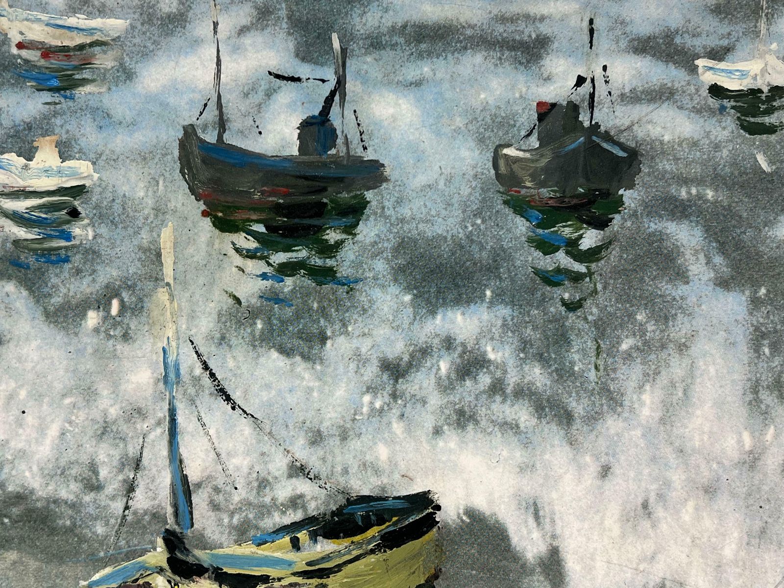 Fanch Lelboats Anchored In The Early Morning Mist On A Choppy Grey Sea French Painting20th Century photo Art