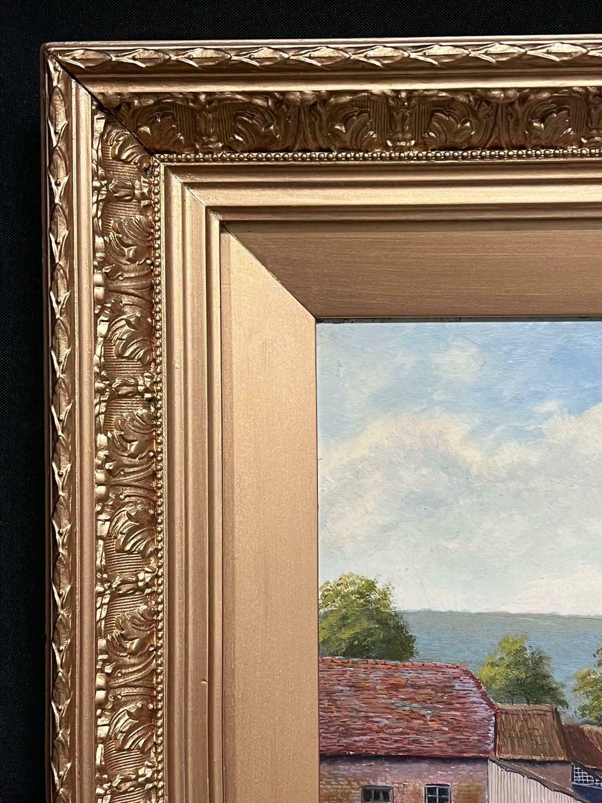 Unknownantique English Oil Painting Gilt Frame Figure Punting On River Cottages Village1900's photo for sale