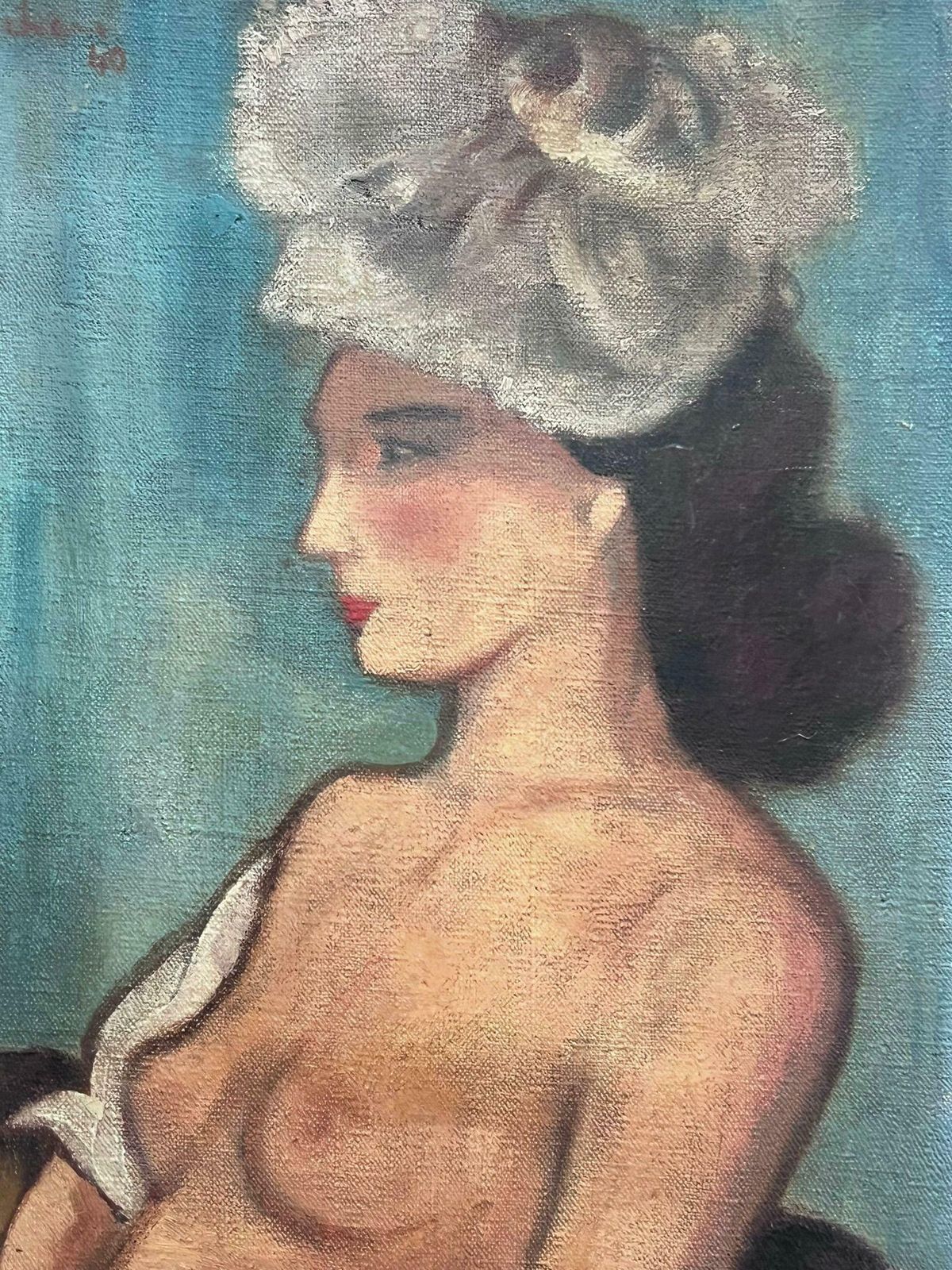 French Modernist1940's French Modernist Signed Oil Painting Portrait Of Nude Lady With Hat1940 photo for sale
