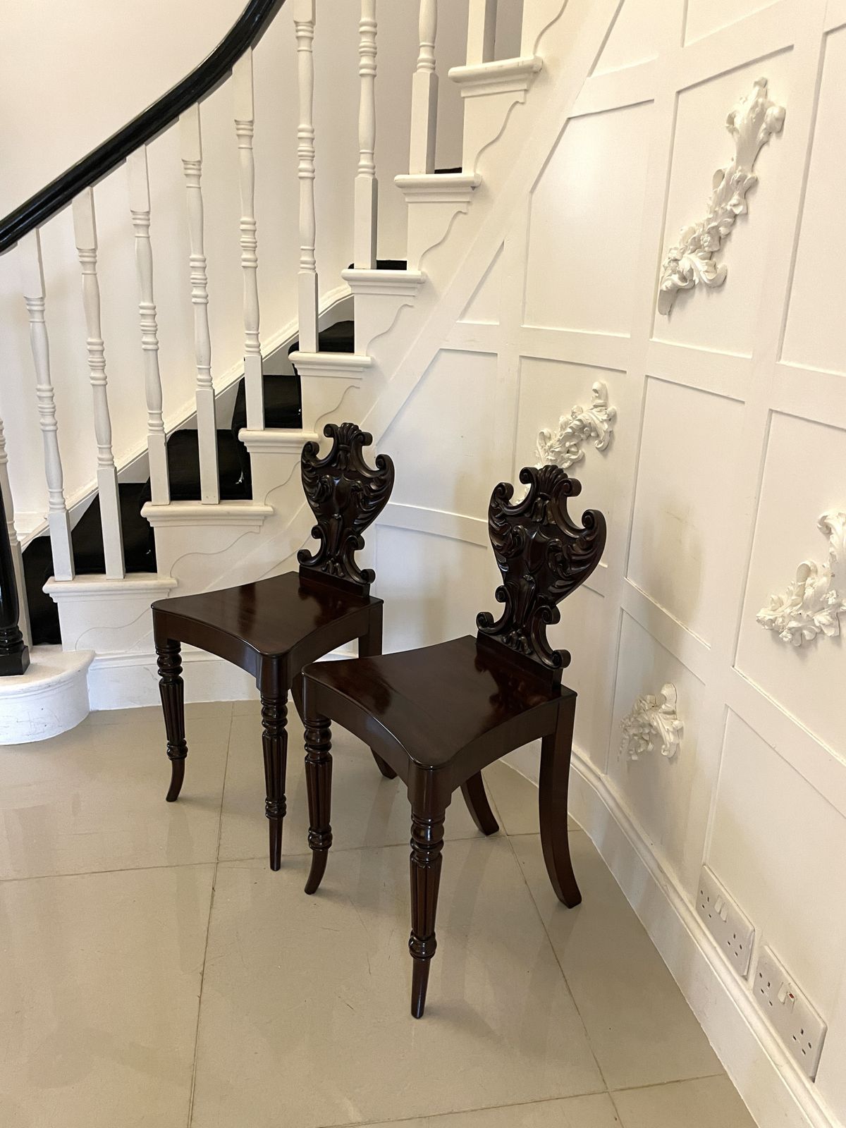 Outstanding Quality Pair Of Antique 19th Century Carved Mahogany Hall Chairs photo Furniture