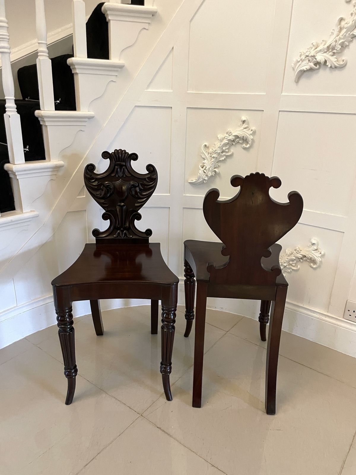 Outstanding Quality Pair Of Antique 19th Century Carved Mahogany Hall Chairs photo buy