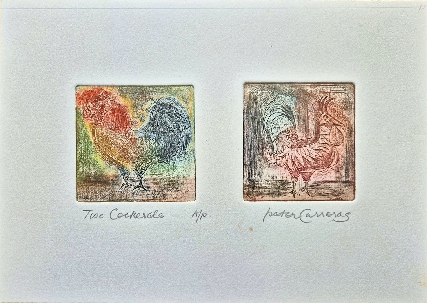 Peter Carreras   Two Cockerels (Original Etching) Modern Contemporary British Art