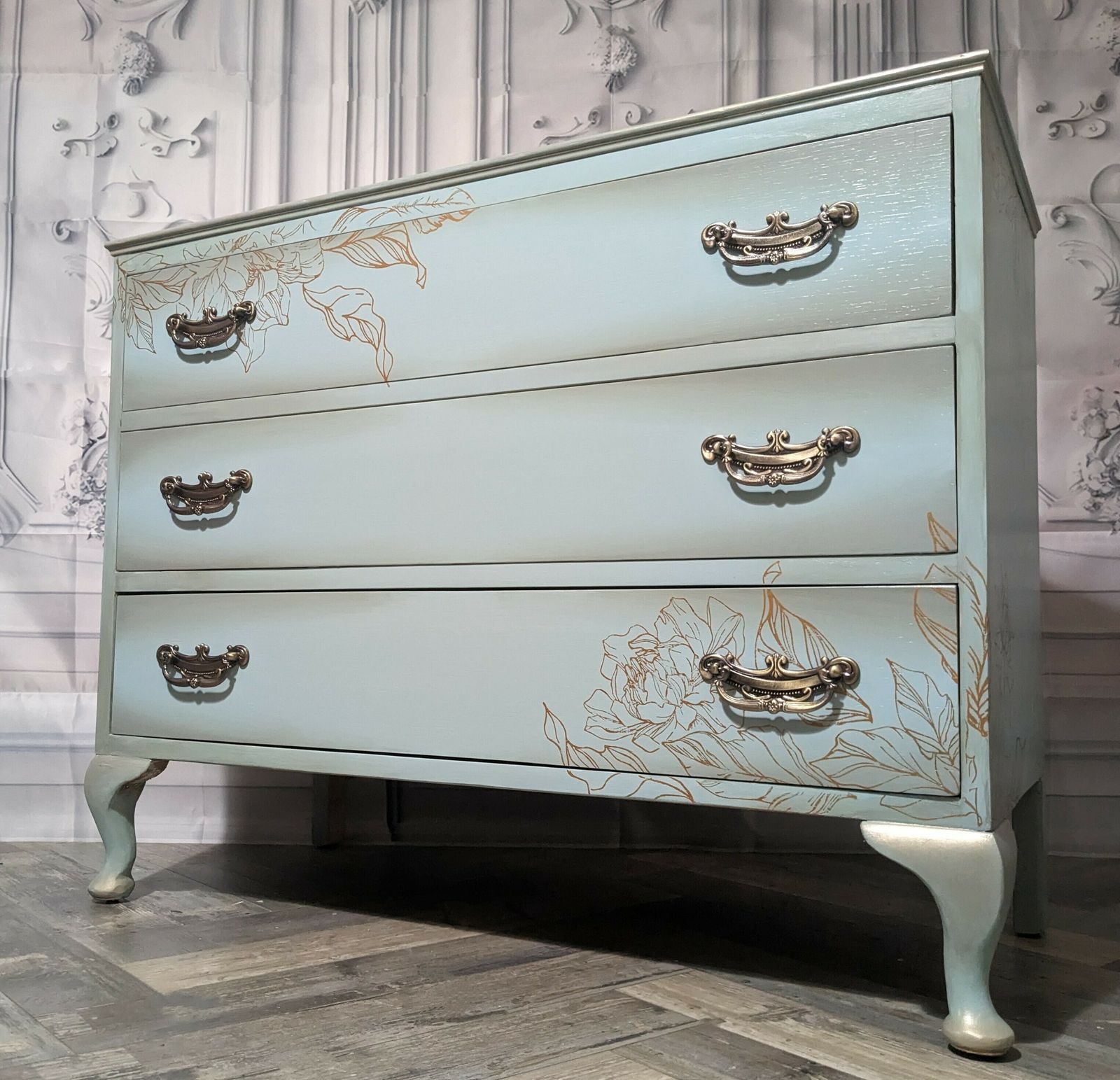 Duck Egg Blue & Gold Vintage Chest Of Drawers