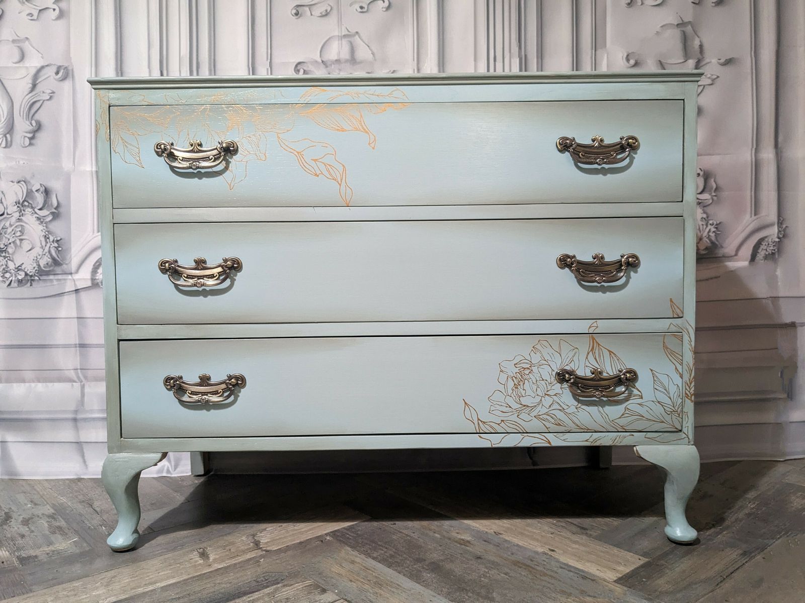 Duck Egg Blue & Gold Vintage Chest Of Drawers photo 365.0