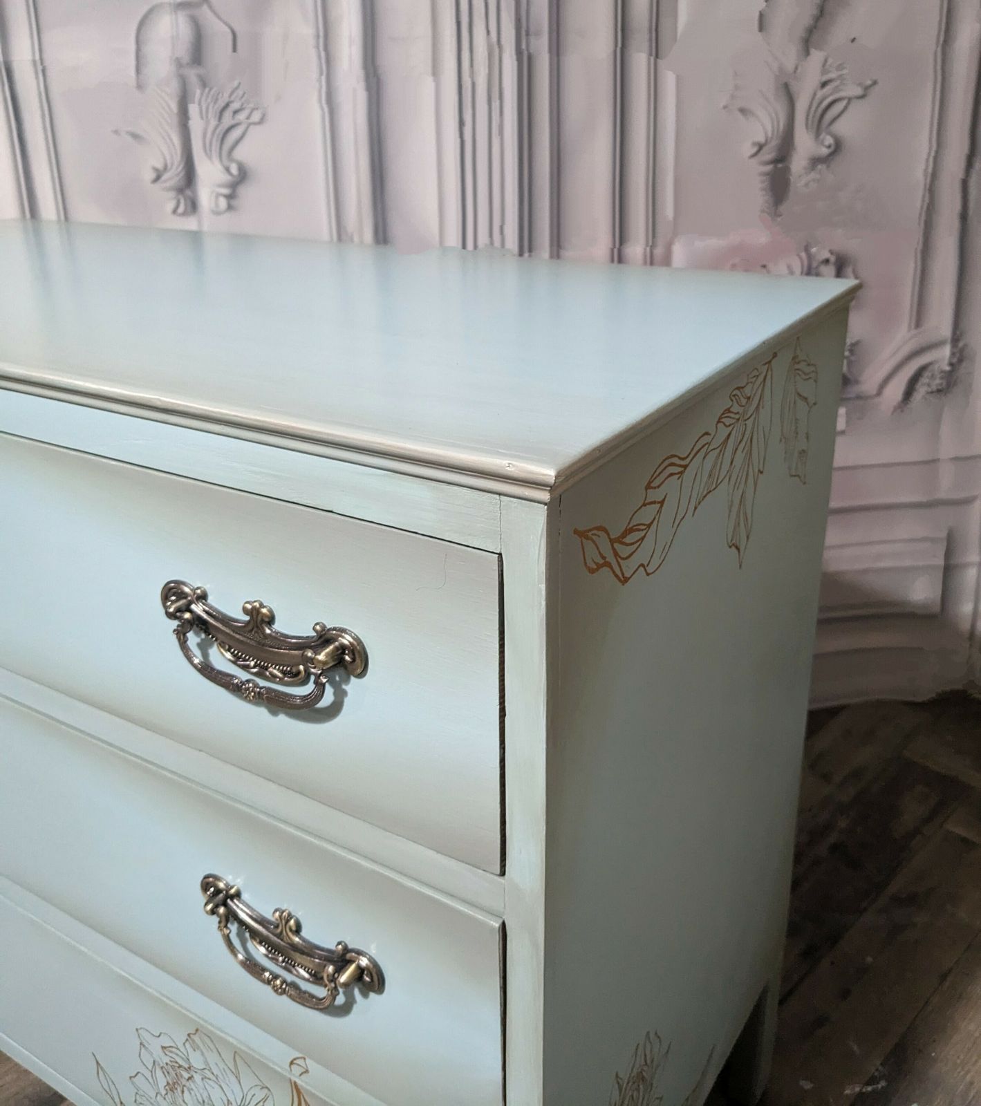 Duck Egg Blue & Gold Vintage Chest Of Drawers photo vinterior