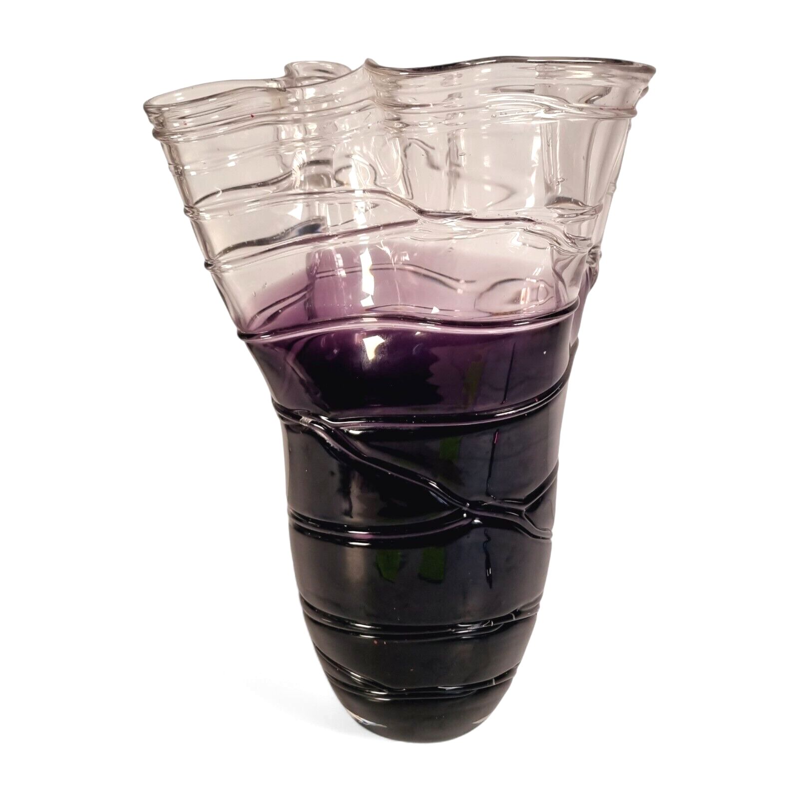 Vintage Glass Vase Art Glass Purple Large Wavey Abstract Art Heavy Vase photo vinterior