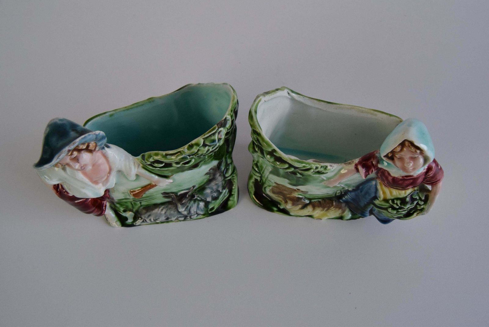 Pair Of Antique Flower Vases, Majolica Signed Hk, Shepherd And Shepherdess photo for sale