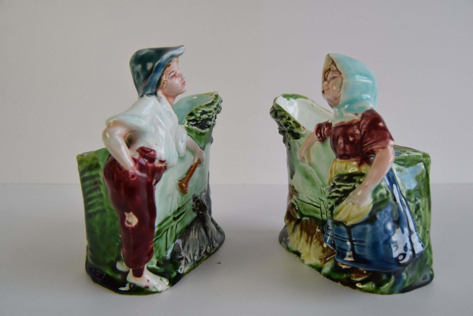 Pair Of Antique Flower Vases, Majolica Signed Hk, Shepherd And Shepherdess photo Home Decor