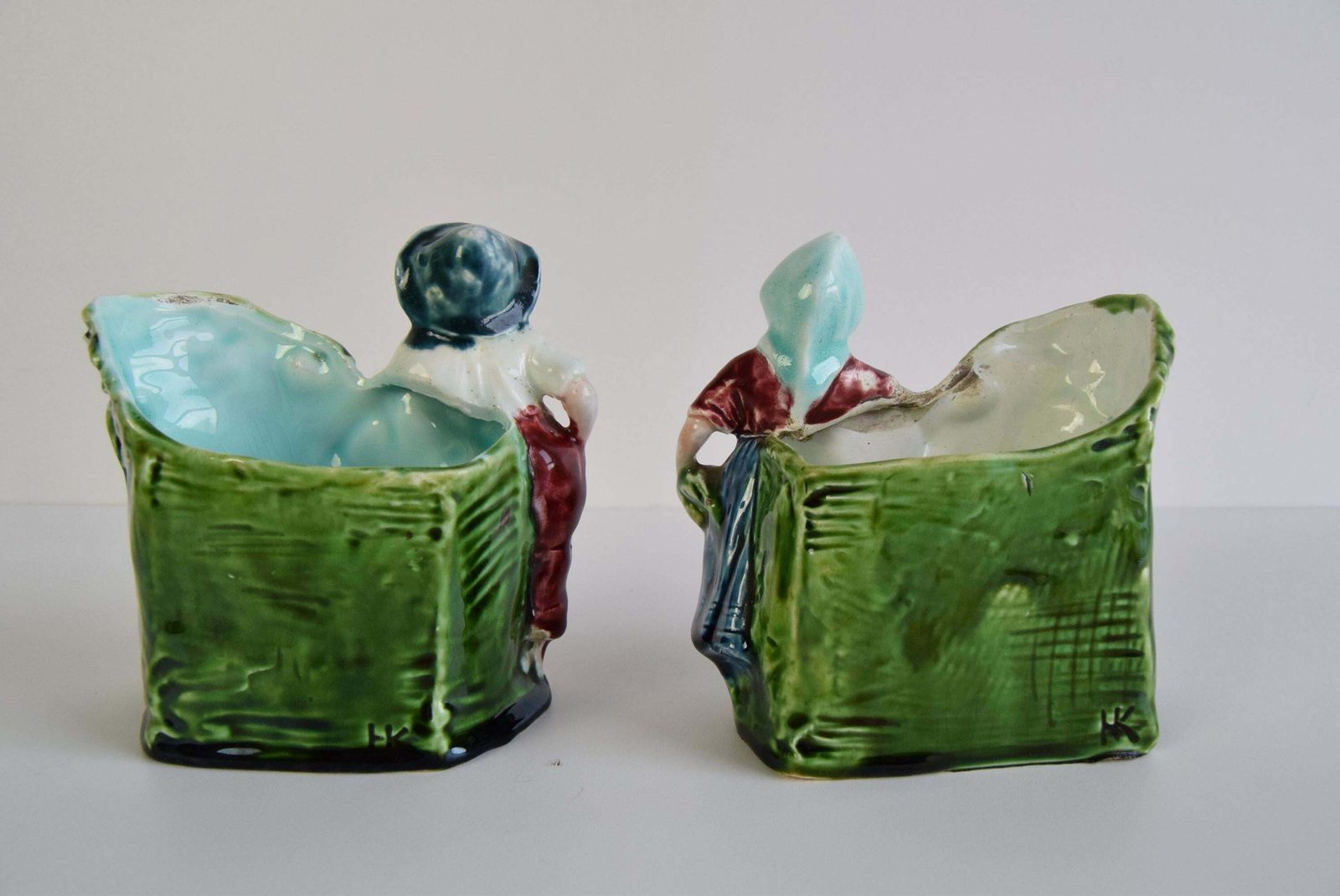 Pair Of Antique Flower Vases, Majolica Signed Hk, Shepherd And Shepherdess photo 439.0
