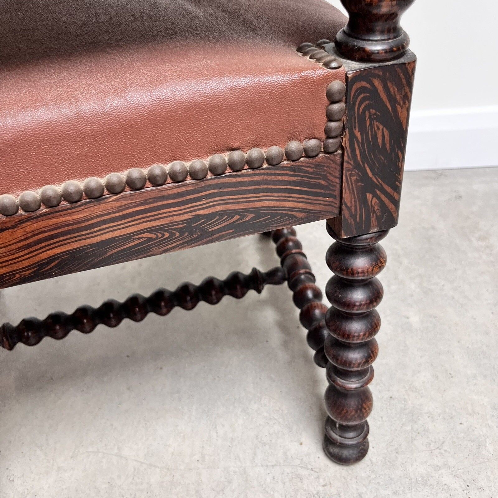 photo vinterior French 19th Century Bobbin Turned Ebonised Nursing Chair Studded Red Leather