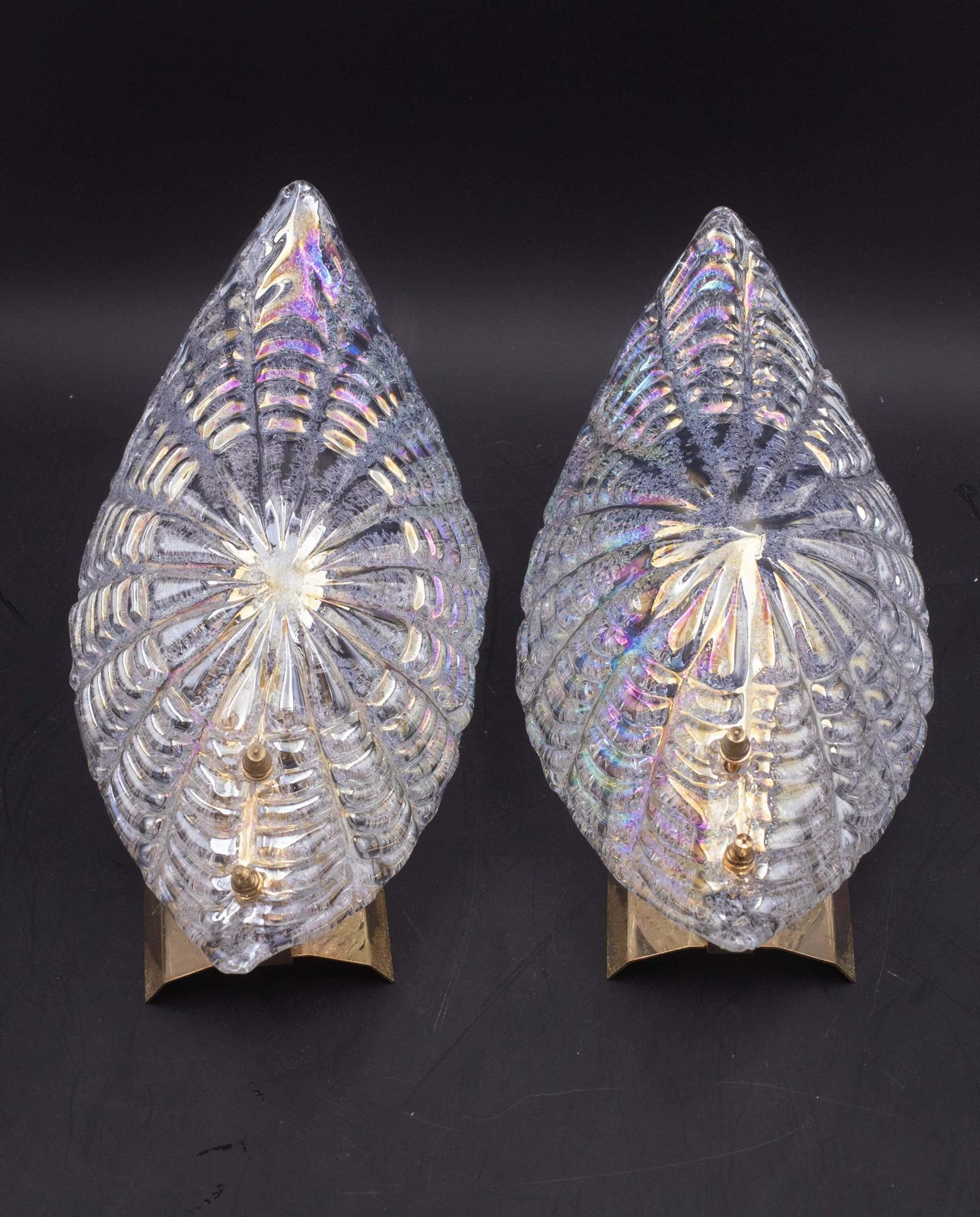 photo for sale Set Of 2 Bogotà, Wall Light Iridescent Rainbow Colour Murano Glass Leave, 1970s